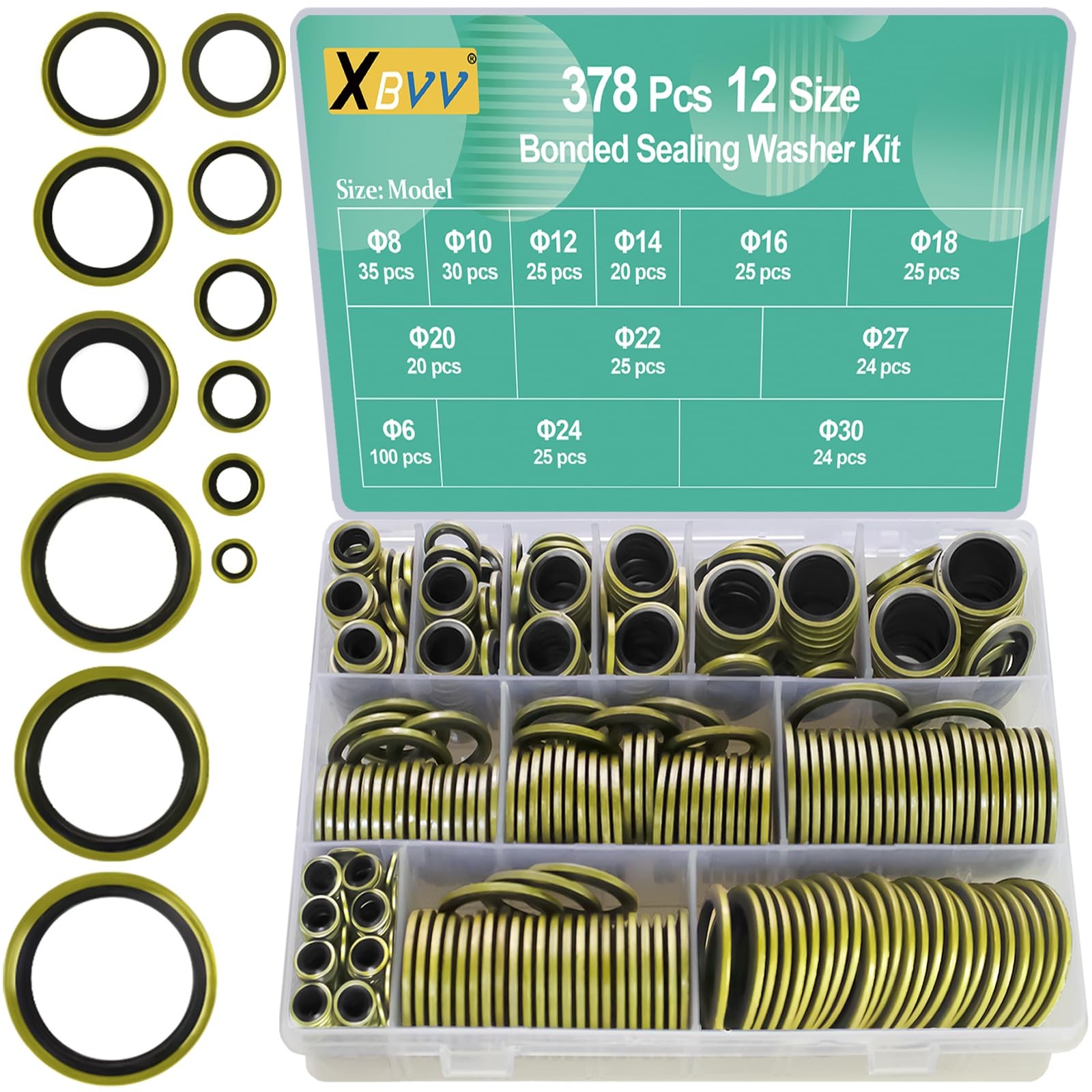 XBVV 378 Pcs NBR Metal Bonded Sealing Washer Assortment Kit M6 M8 M30, black