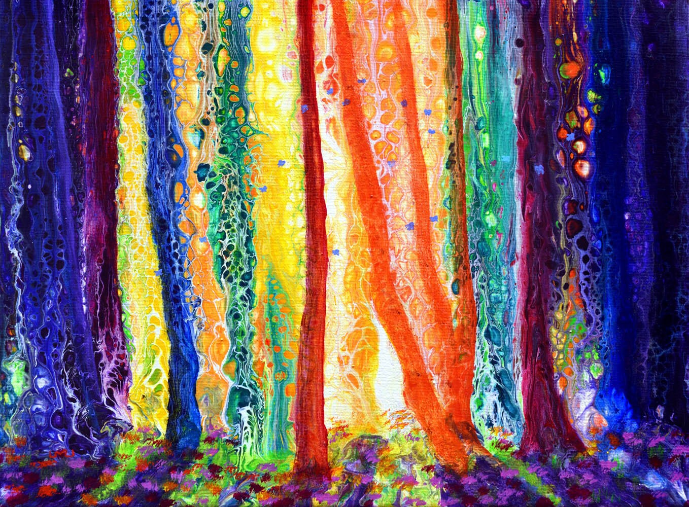 Blue Butterflies Rainbow Forest Original Painting Pride Trees Fantasy Landscape
