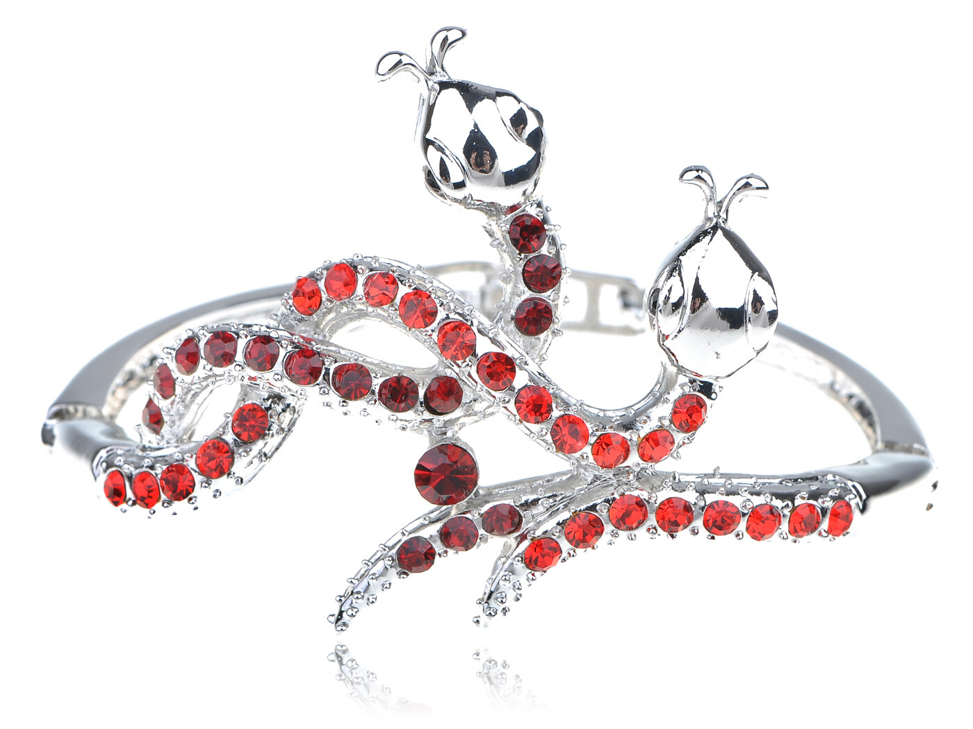 Silver Tone Metal Alloy Red Rhinestone Twin Serpents Snake Cuff Bracelet Bangle