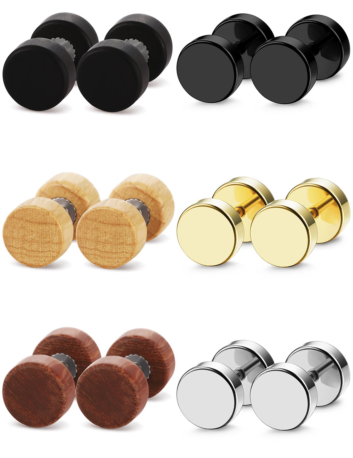 FIBO STEEL 6 Pairs Stud Earrings 6 millimeters, A:Wood and Steel Earring 6MM