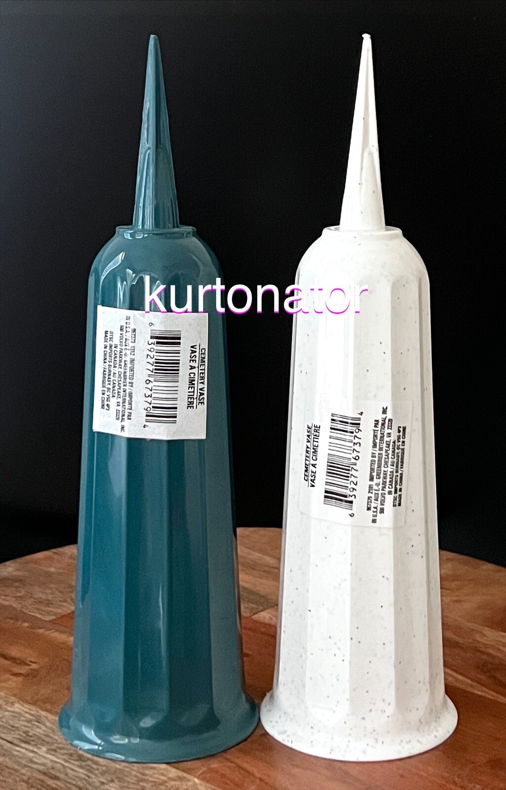 Cemetery Flower Vase with Spike GREEN & WHITE 2pc Set 10 inches NEW Plastic