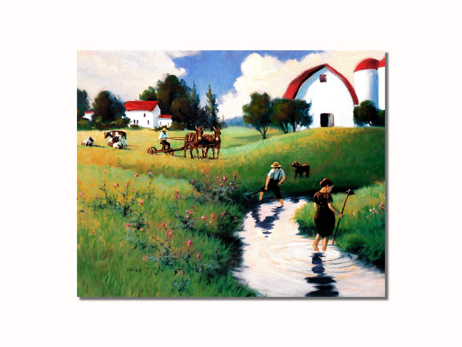 Amish Family at Work Country Farm and Barn Landscape 8×10″ Art Print (Unframed)