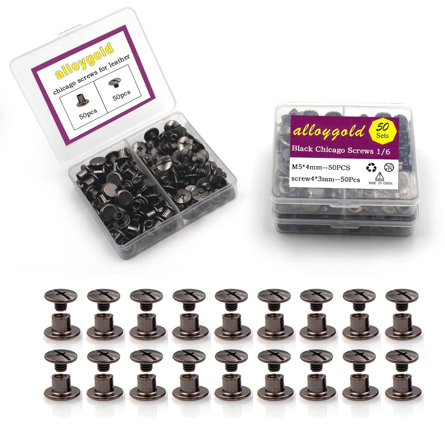50 Sets M5*4 Gun Black Chicago Screw Kit Leather Rivets M5*4mm, black