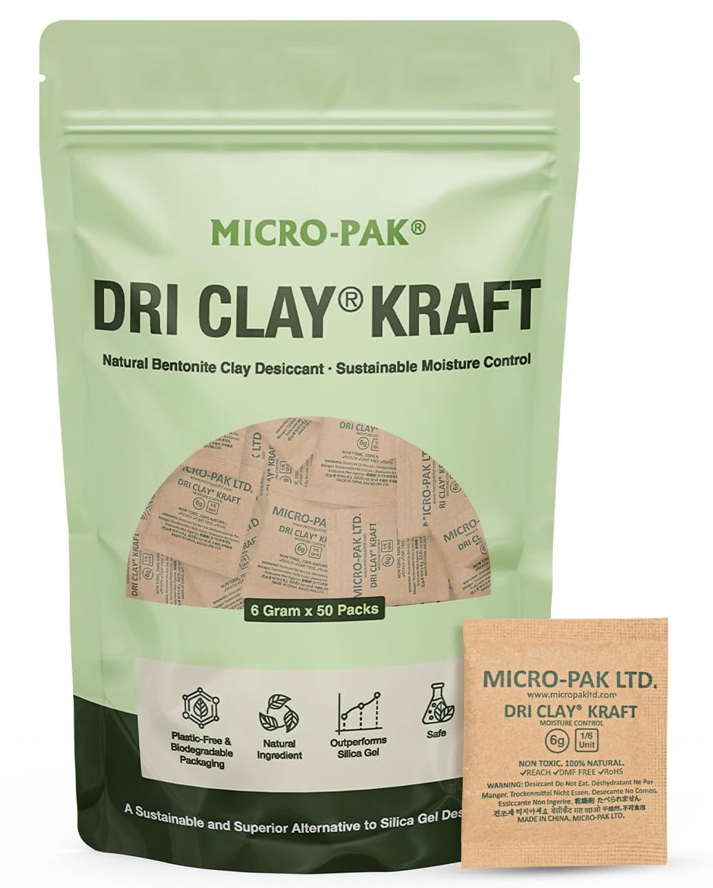 Micro-Pak Dri Clay Kraft, Highest Moisture Absorption Desiccant 6gx50pcs