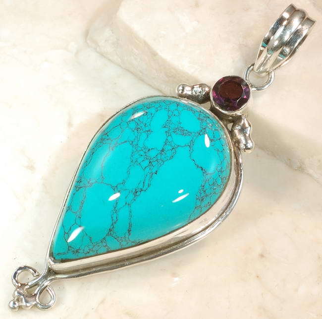 STUNNING AFRICAN TURQUOISE/AMETHYST *.925 SILVER DESIGNER PENDANT 2-5/8 INCHES