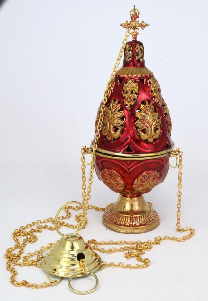 High Polished Brass Ornate Floral Red Enameled Incense Burner Censer 12.4 In
