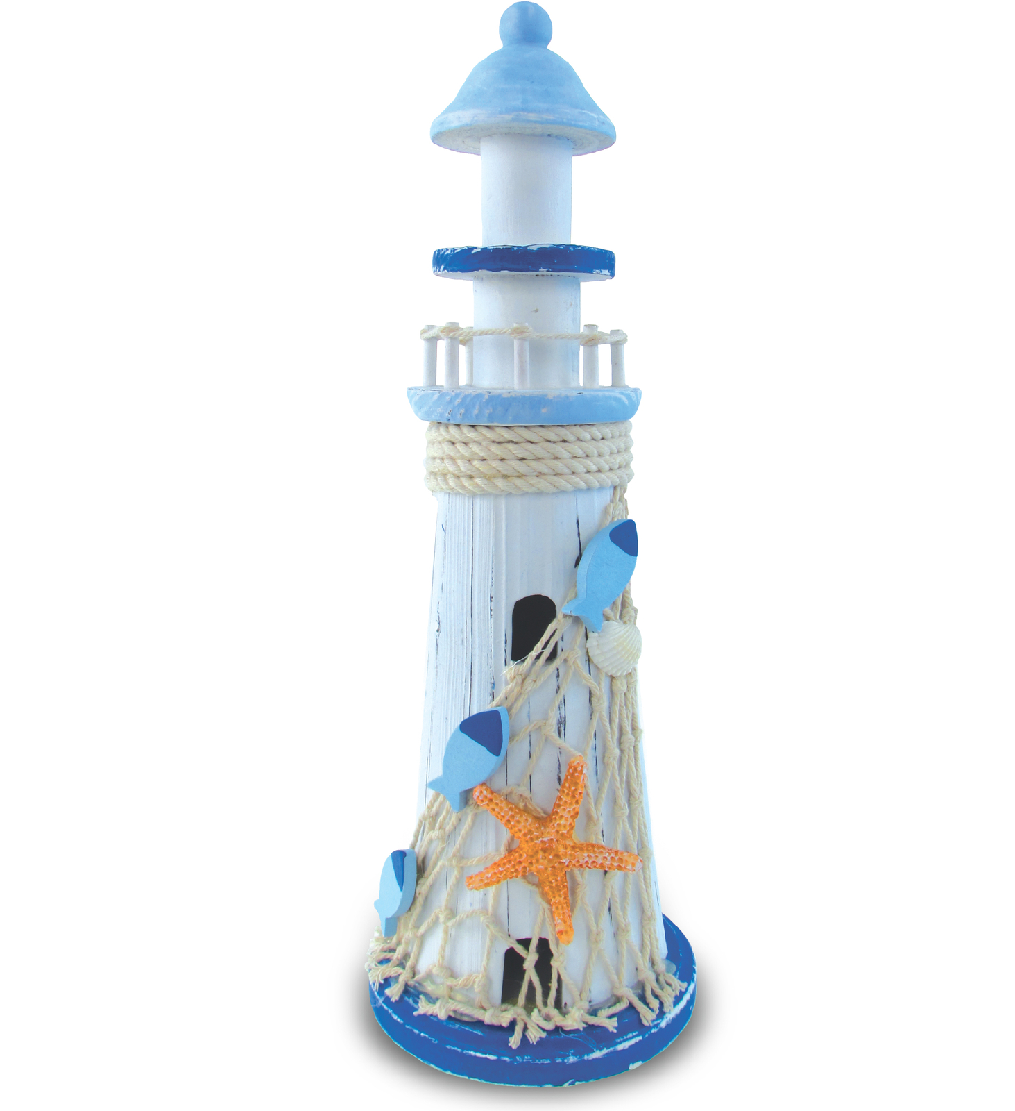 CoTa Global Light Blue Stripes Lighthouse Decor with Starfish – 11.5 Inches