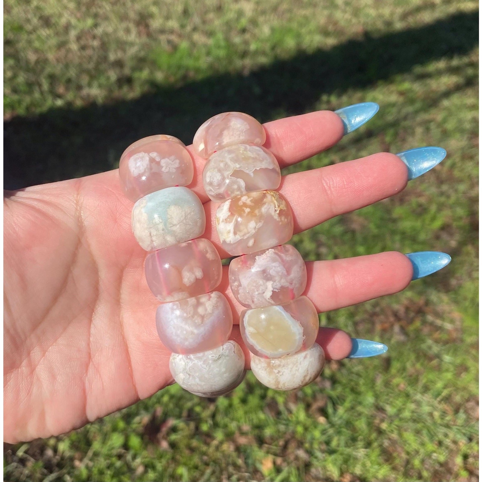 Chunky Flower Agate Beaded Bracelet , Sakura Agate Stretch Bangle