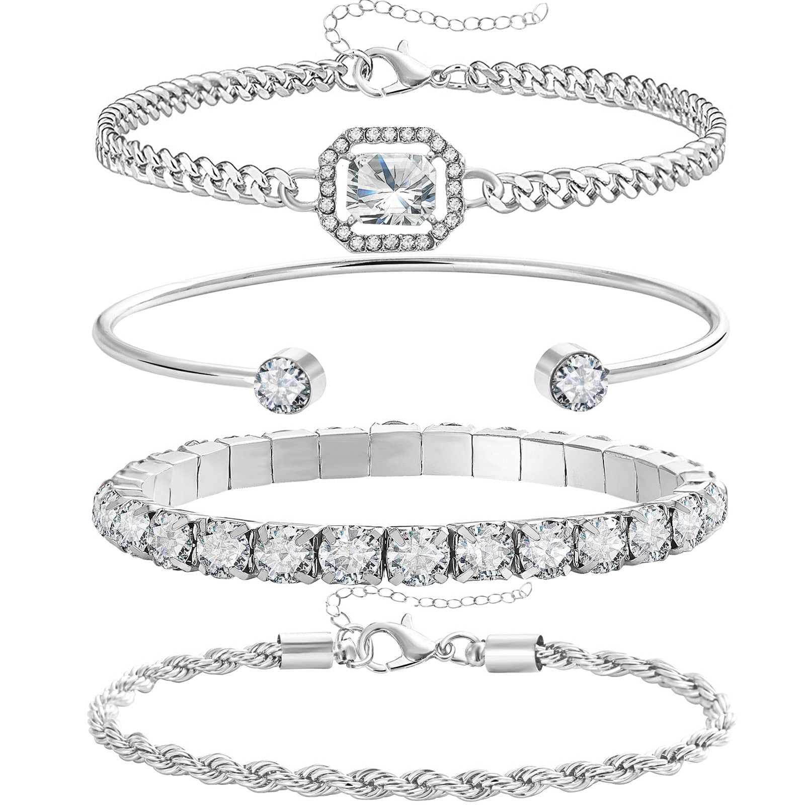 17IF 4 Pcs Dainty Silver Bracelets Set for Women 14K Plated Large,