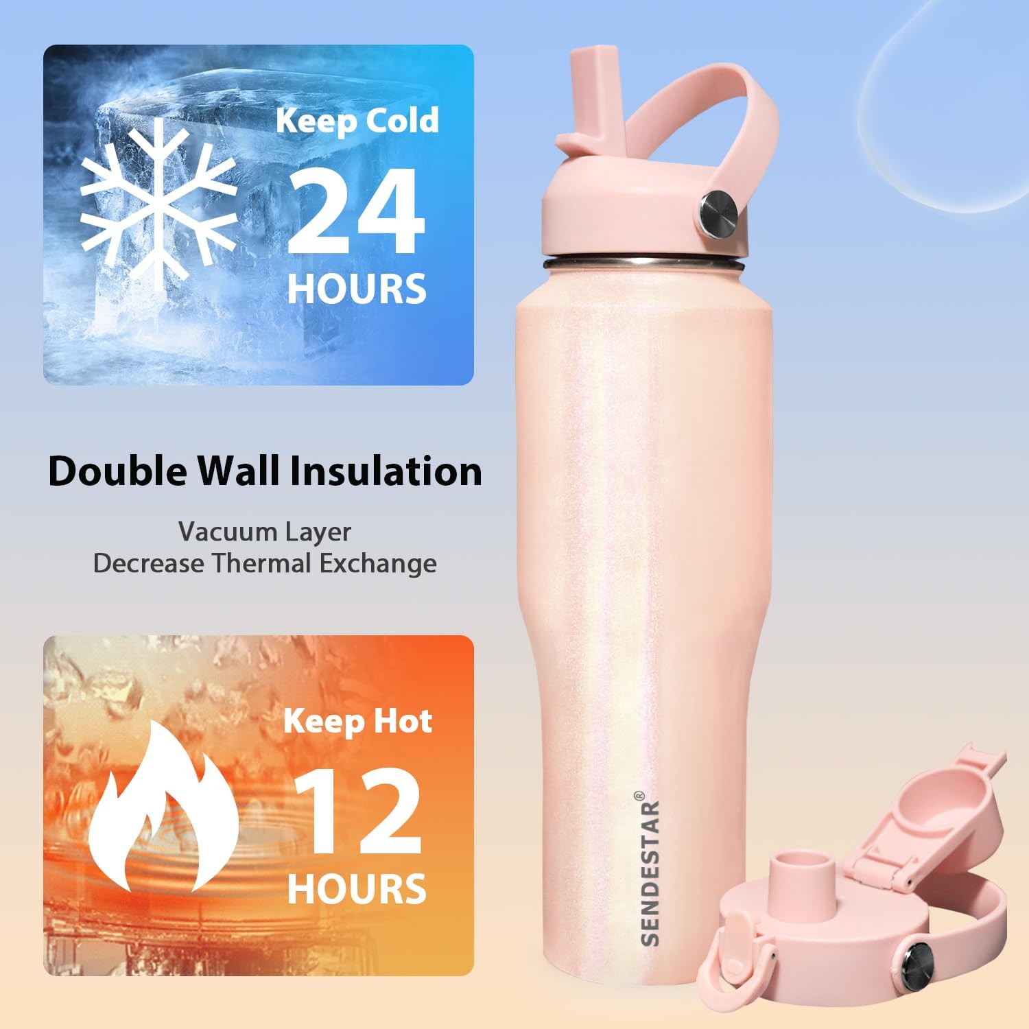 SENDESTAR 32oz Stainless Steel Water Bottle – Cold 48H/Hot 24H – Laser Pink