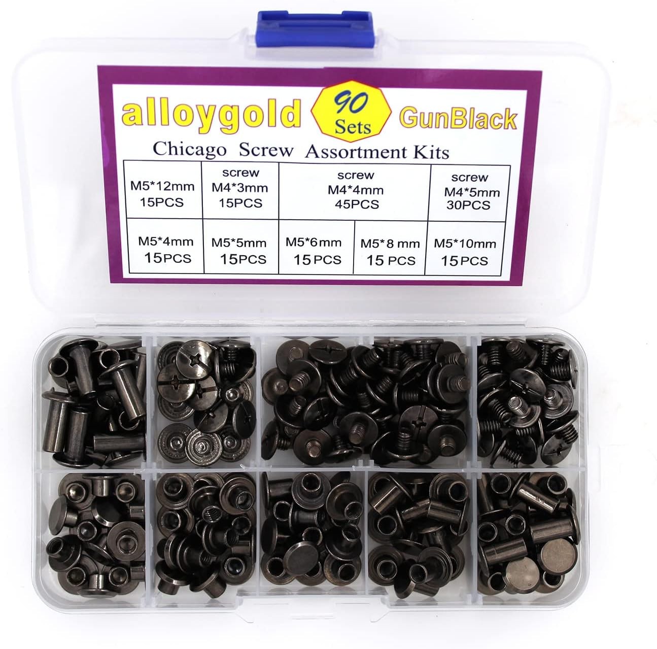 90 Sets Black Chicago Screw Leather Assorted M5*4.5.6.8.10.12mm, Gun black