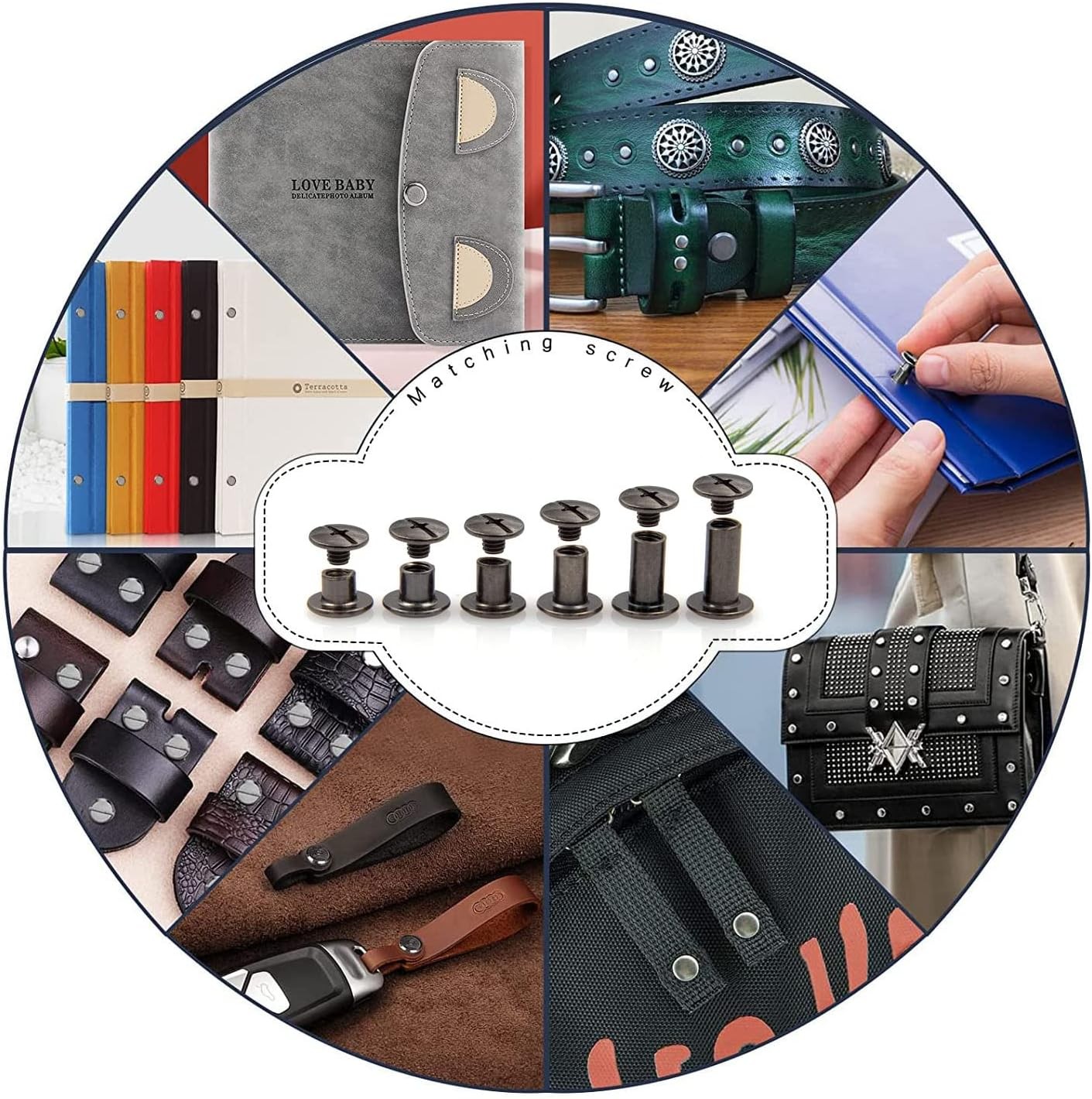 90 Sets Black Chicago Screw Leather Assorted M5*4.5.6.8.10.12mm, Gun black