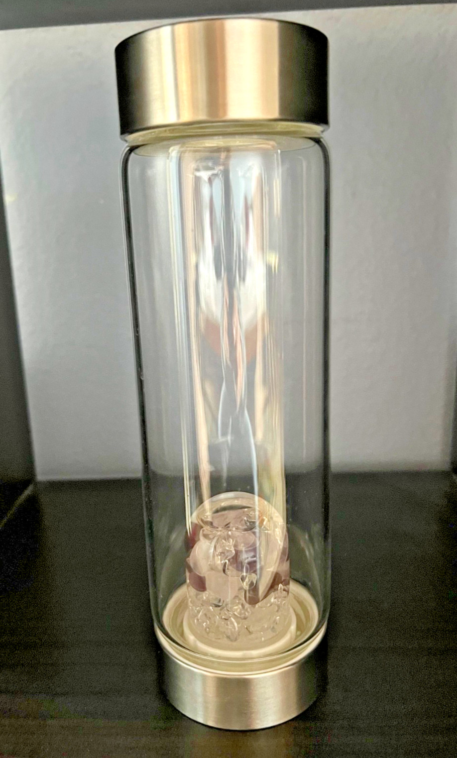 VitaJuwel ViA Wellness Glass Gem Water Bottle Amethyst Rose Clear Quartz SS
