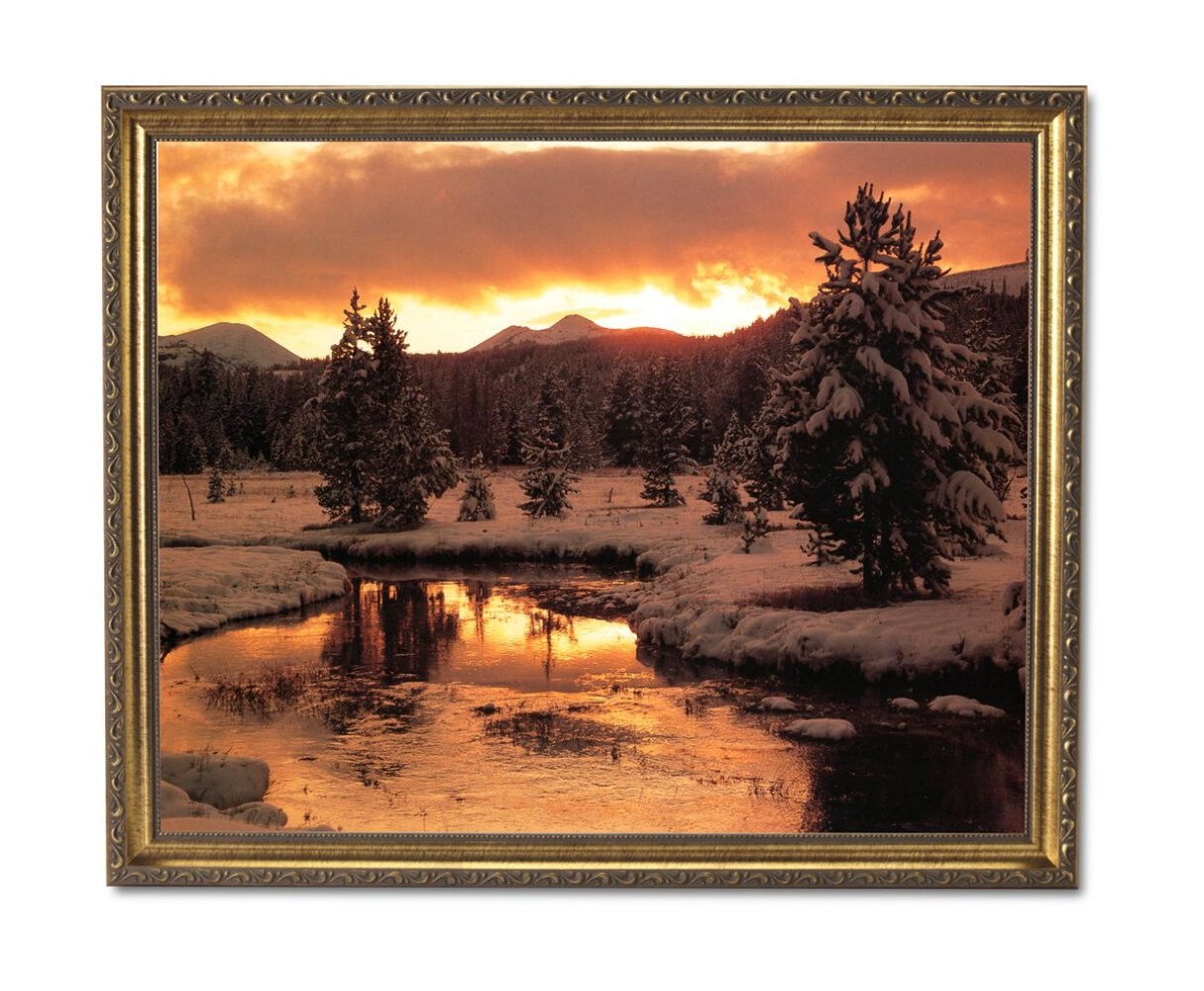 Lake Trees Snow Sunset Landscape Wall Picture Gold Framed Art Print