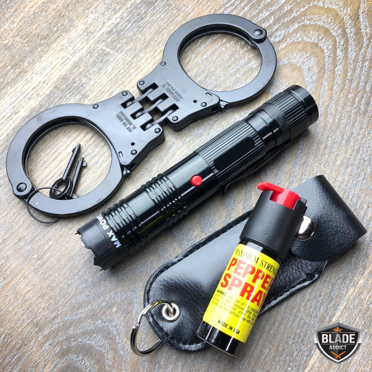 3 PC BLACK MILITARY Steel Handcuffs w/ 2 keys + Pepper Spray + Stun Gun SET NEW