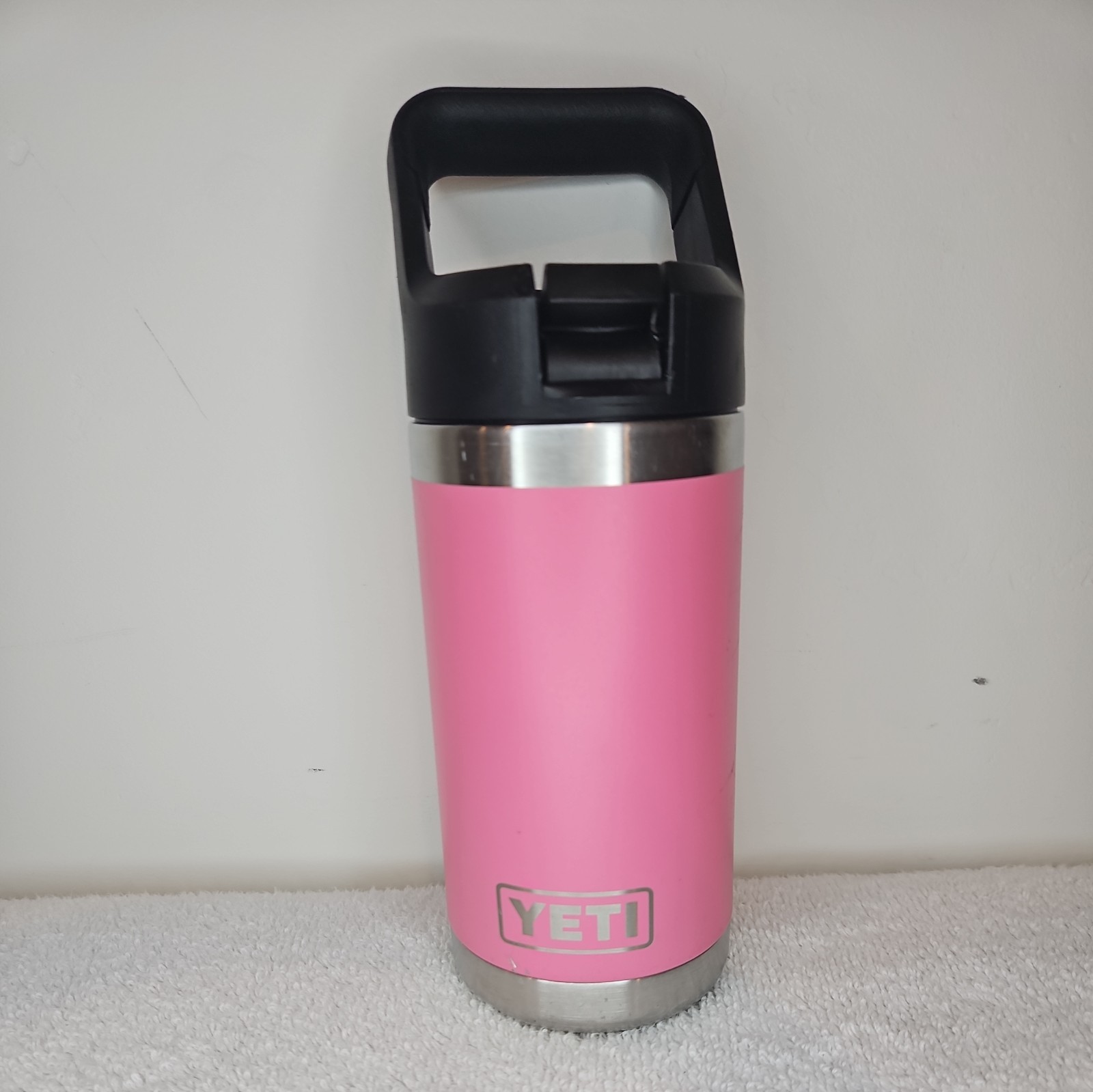 A Yeti Rambler’ 12 Ounce Pink Medium Water Bottle Including Clear Straw Inside