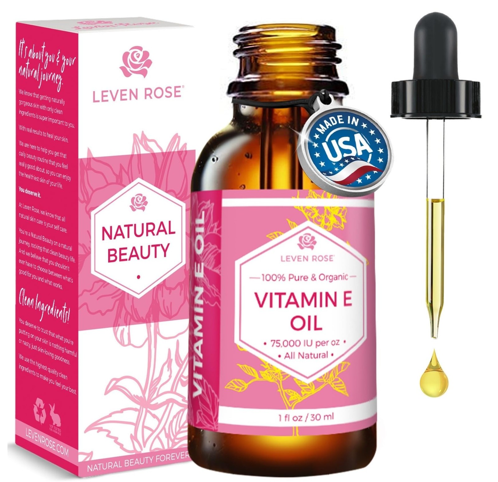 Leven Rose 100% Vitamin E Oil 75,000 IU per oz 1 Fl Oz (Pack of 1), Golden