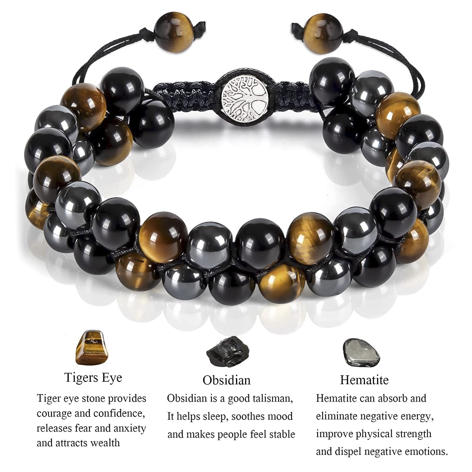 Handmade Triple Protection Bracelet 10mm Hematite Black Obsidian Tiger Eye St…