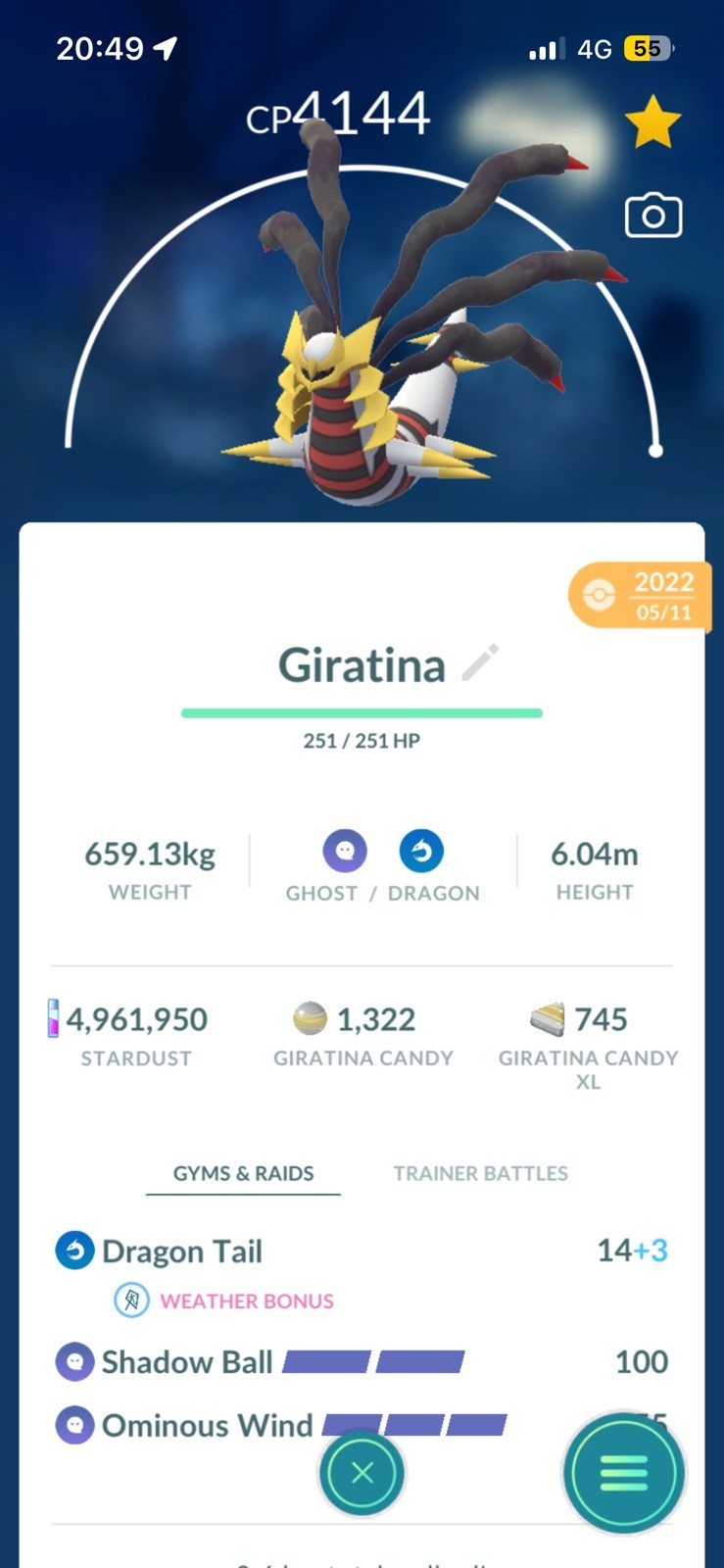 Pokémon Trade Go Level 50- Giratina Origin Form 3 Moves
