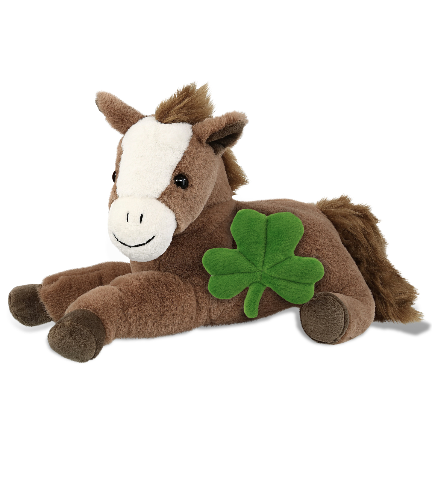DolliBu Laying Brown Horse Stuffed Animal with Green Plush Shamrock – 12 Inches