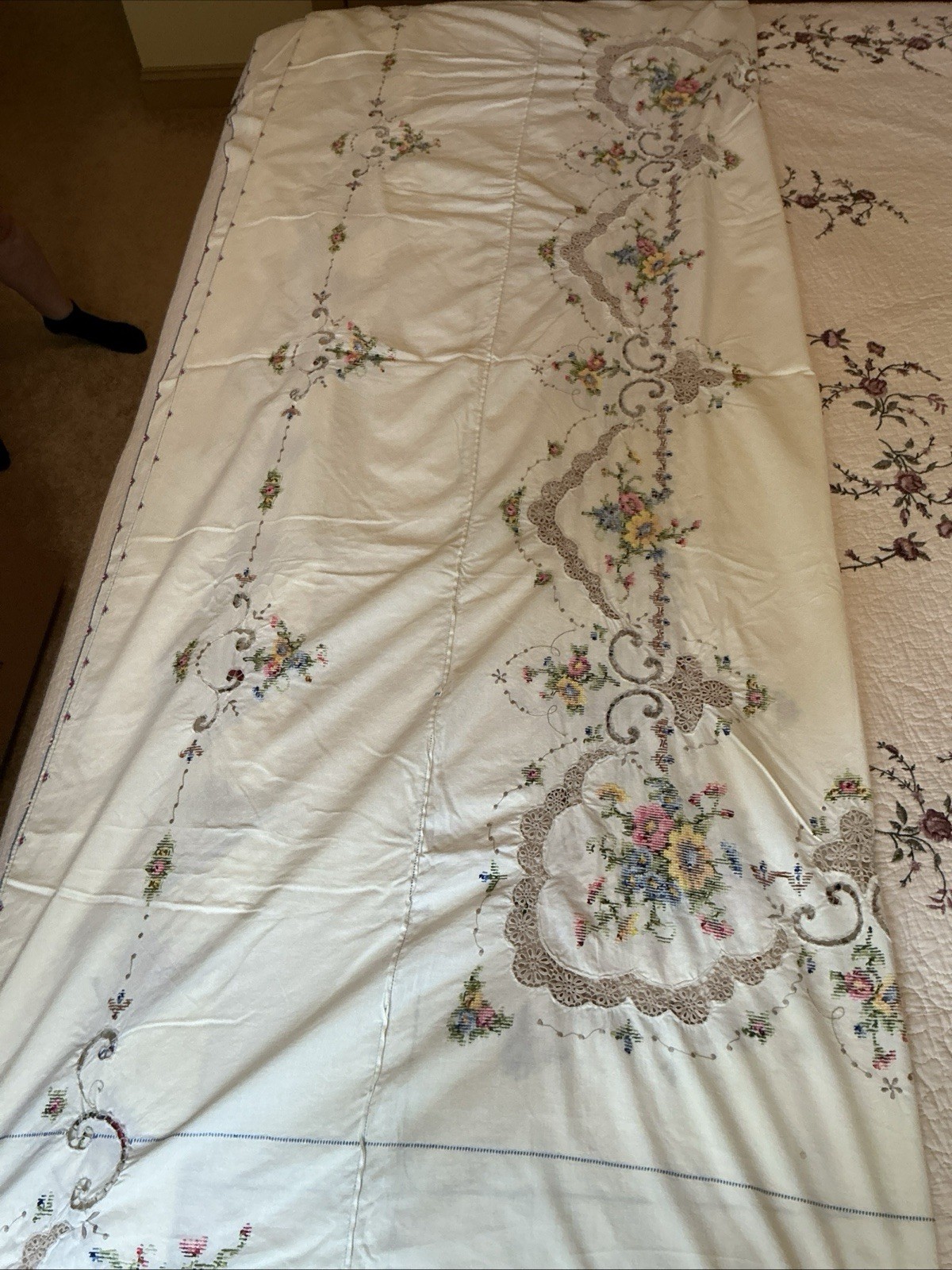 Handmade Cross Stitched Rectangular Tablecloth 102×67” With 12 Napkins Huge