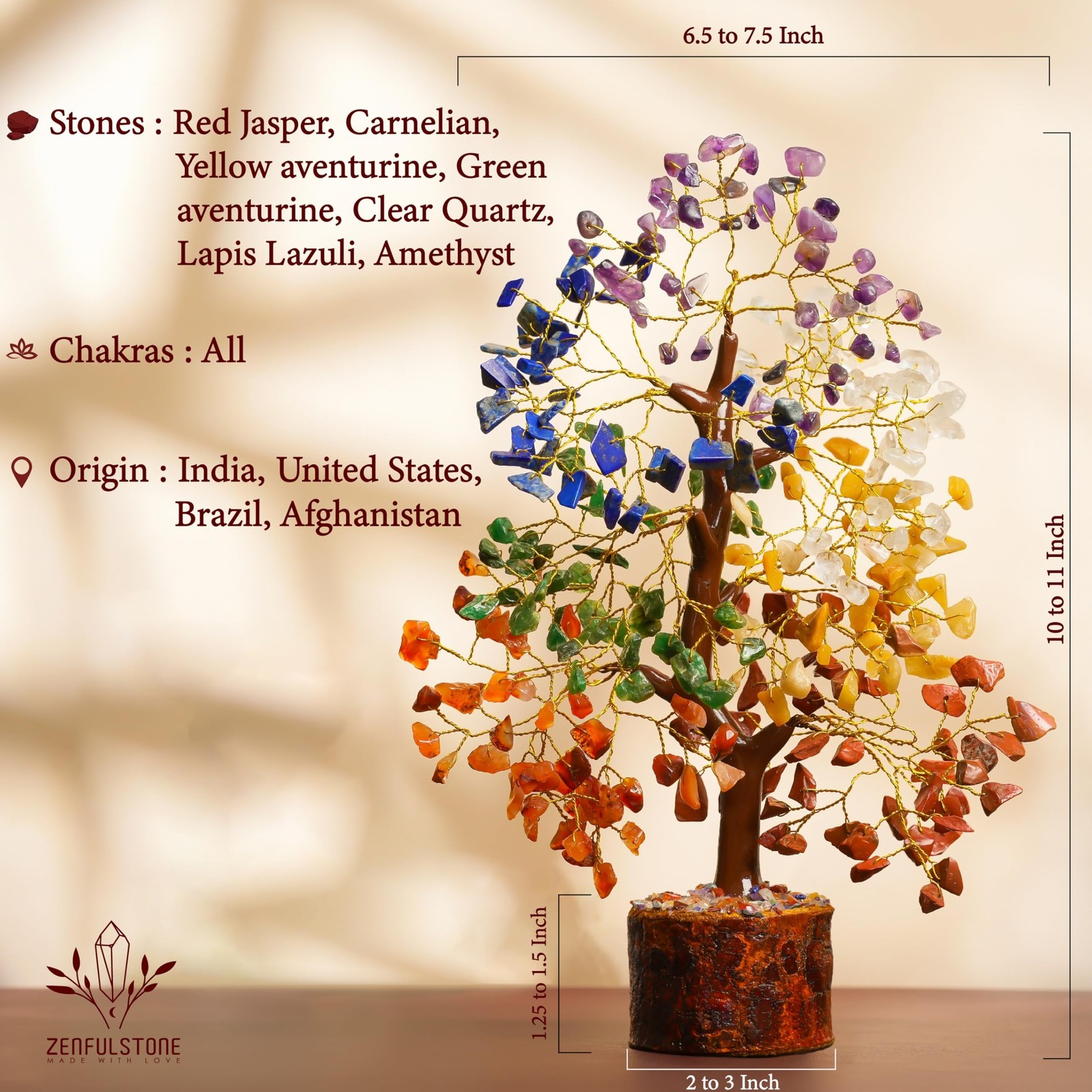 7 Chakra Tree of Life Crystal 10 inches, 7 Wooden Base 300 Beads