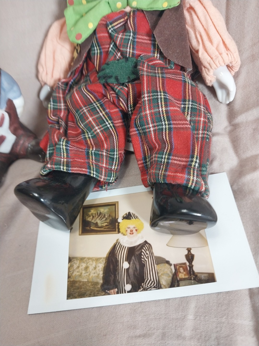 Vintage Porcelain Clown Doll With Figurine And Creepy Photo