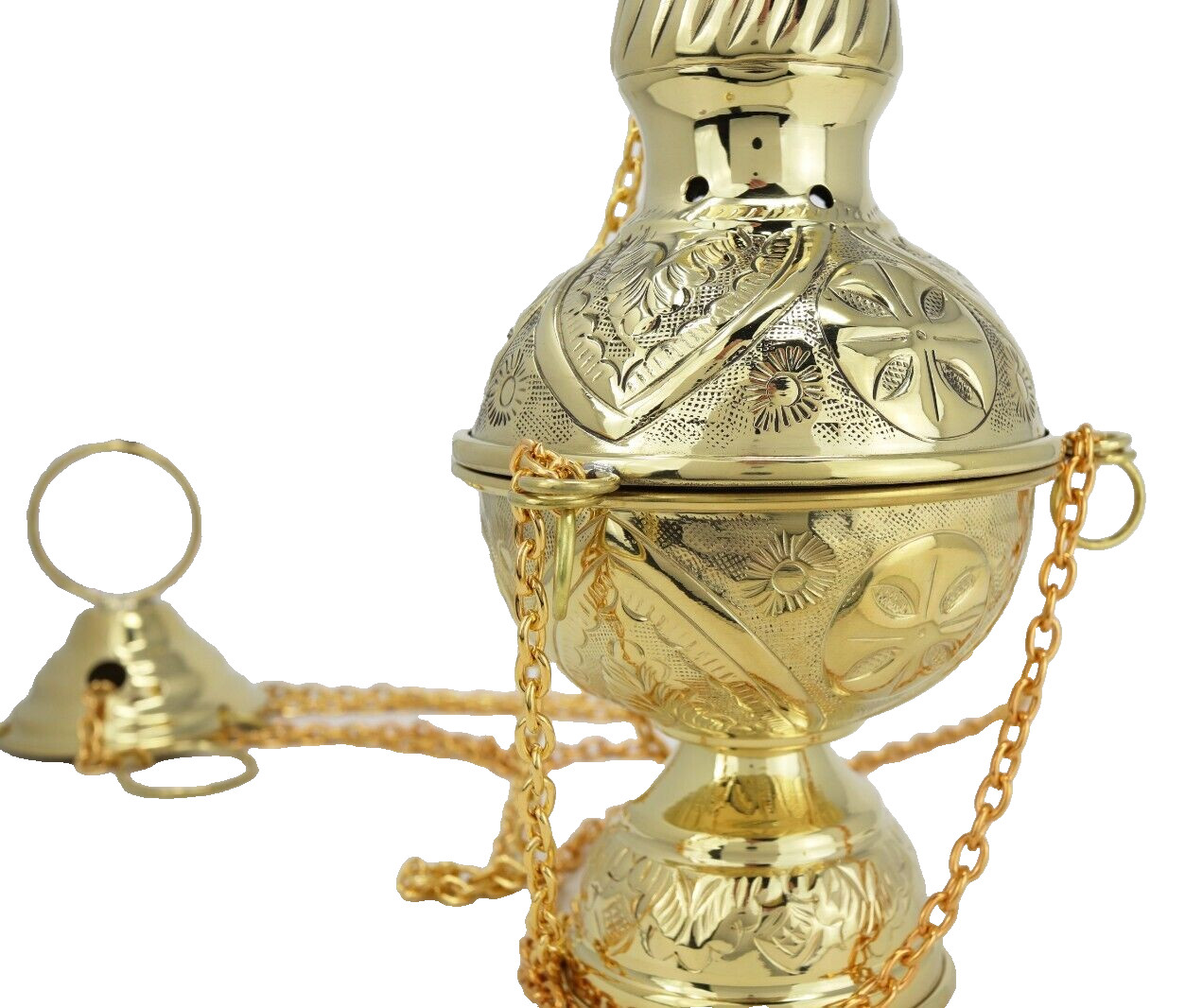 Polished Brass Hanging Incense Burner Embossed Cross Censer Without Bells 9 In