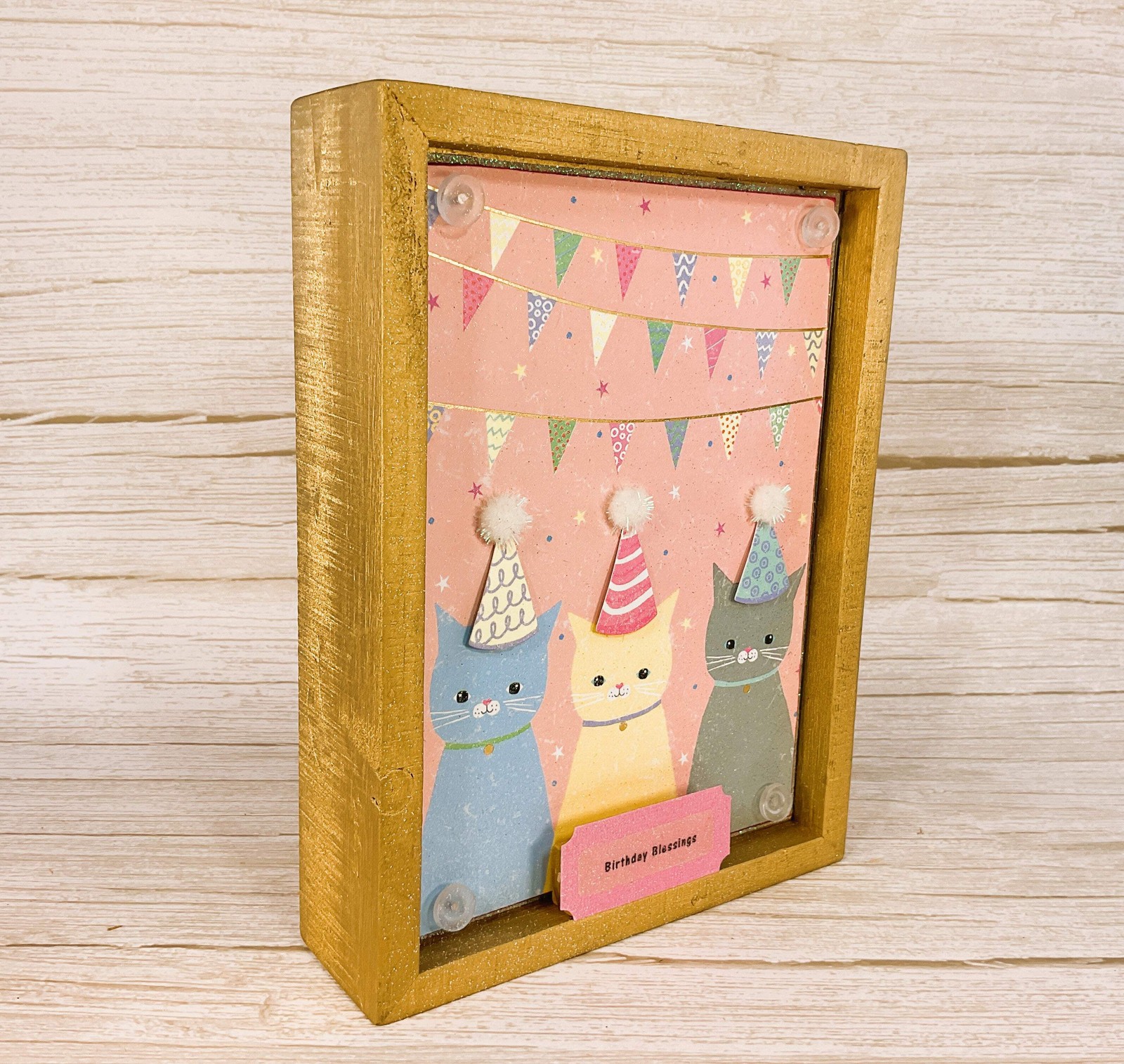 AGSD Home Decor – Birthday Blessings Party Hat Kitty Cat Tabletop Box Sign