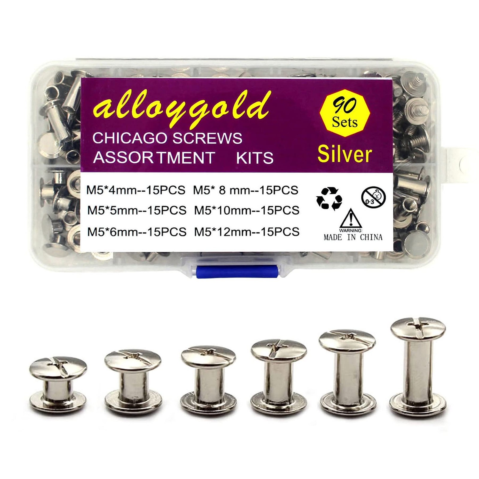 90 Sets Silver Chicago Screws Leather Assorted Kit M5*4.5.6.8.10.12mm,
