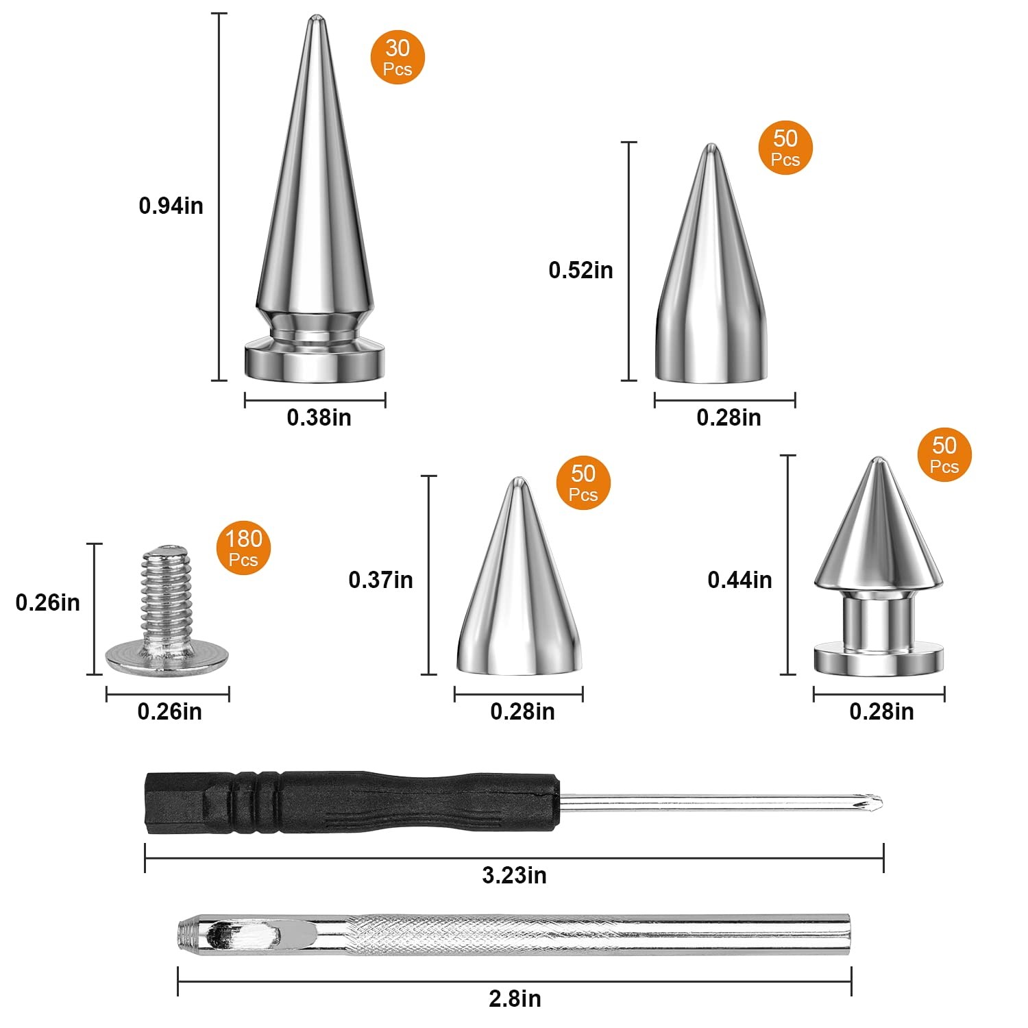 360 Pcs Punk Spikes and Studs Kit, Multiple Size Cone