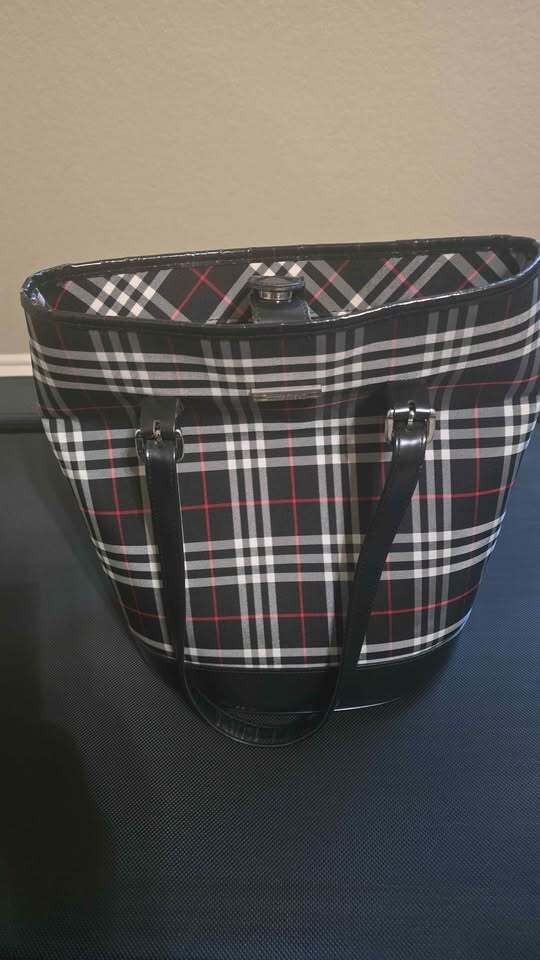 Burberrys Nova Check Blue Label Tote Bag Nylon Black Silver