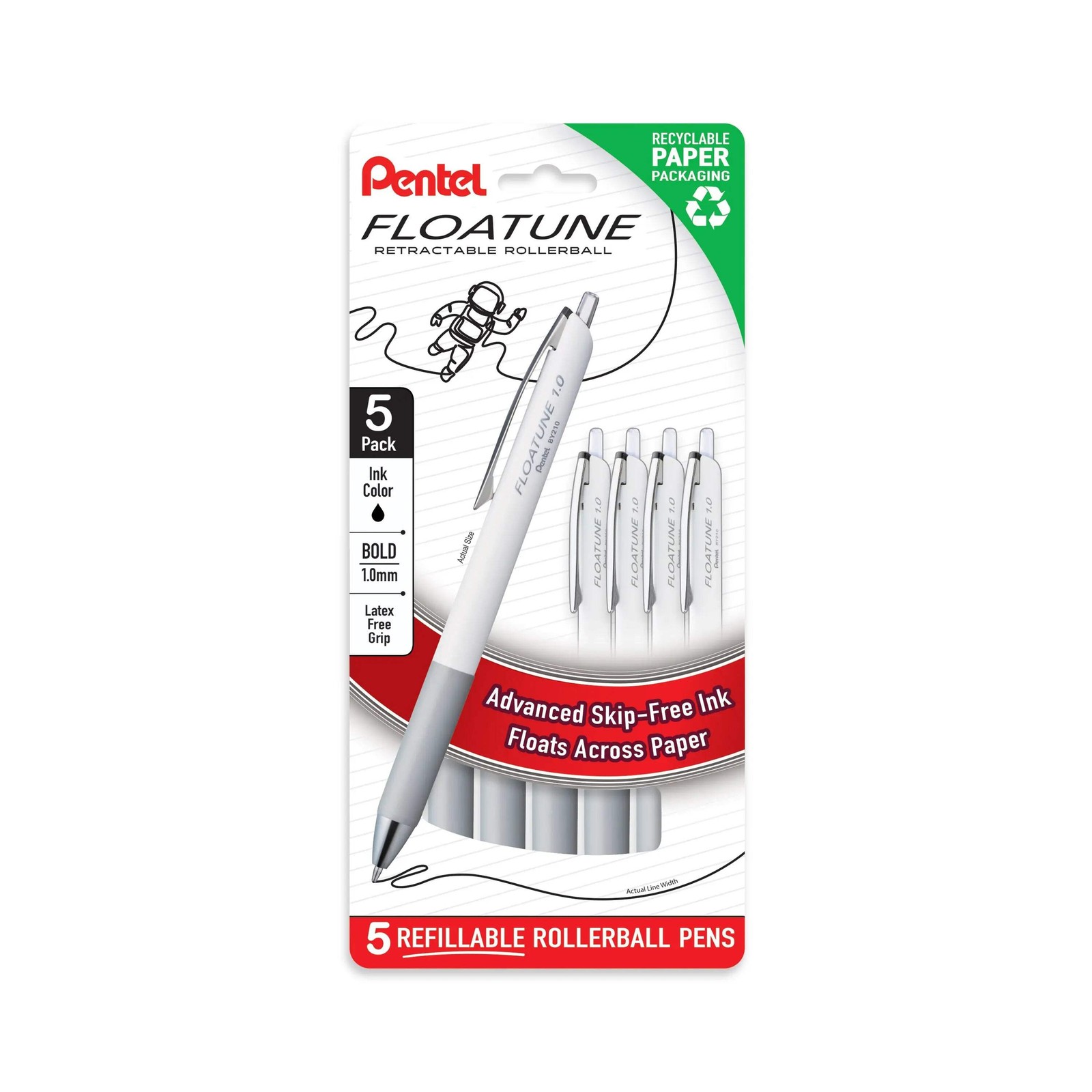 Pentel Floatune Retractable Rollerball, 1.0mm Bold Point, Black Ink, 5-pk (BY210