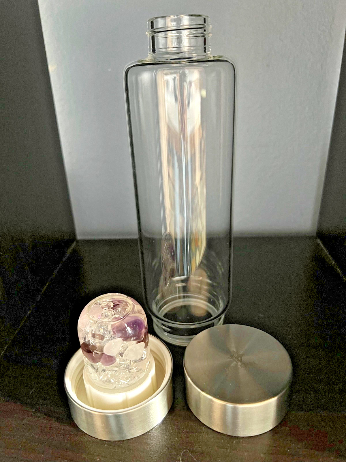 VitaJuwel ViA Wellness Glass Gem Water Bottle Amethyst Rose Clear Quartz SS
