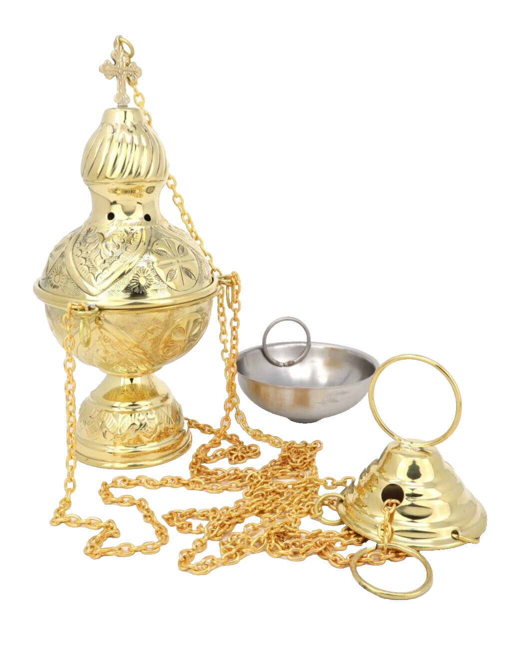 Polished Brass Hanging Incense Burner Embossed Cross Censer Without Bells 9 In