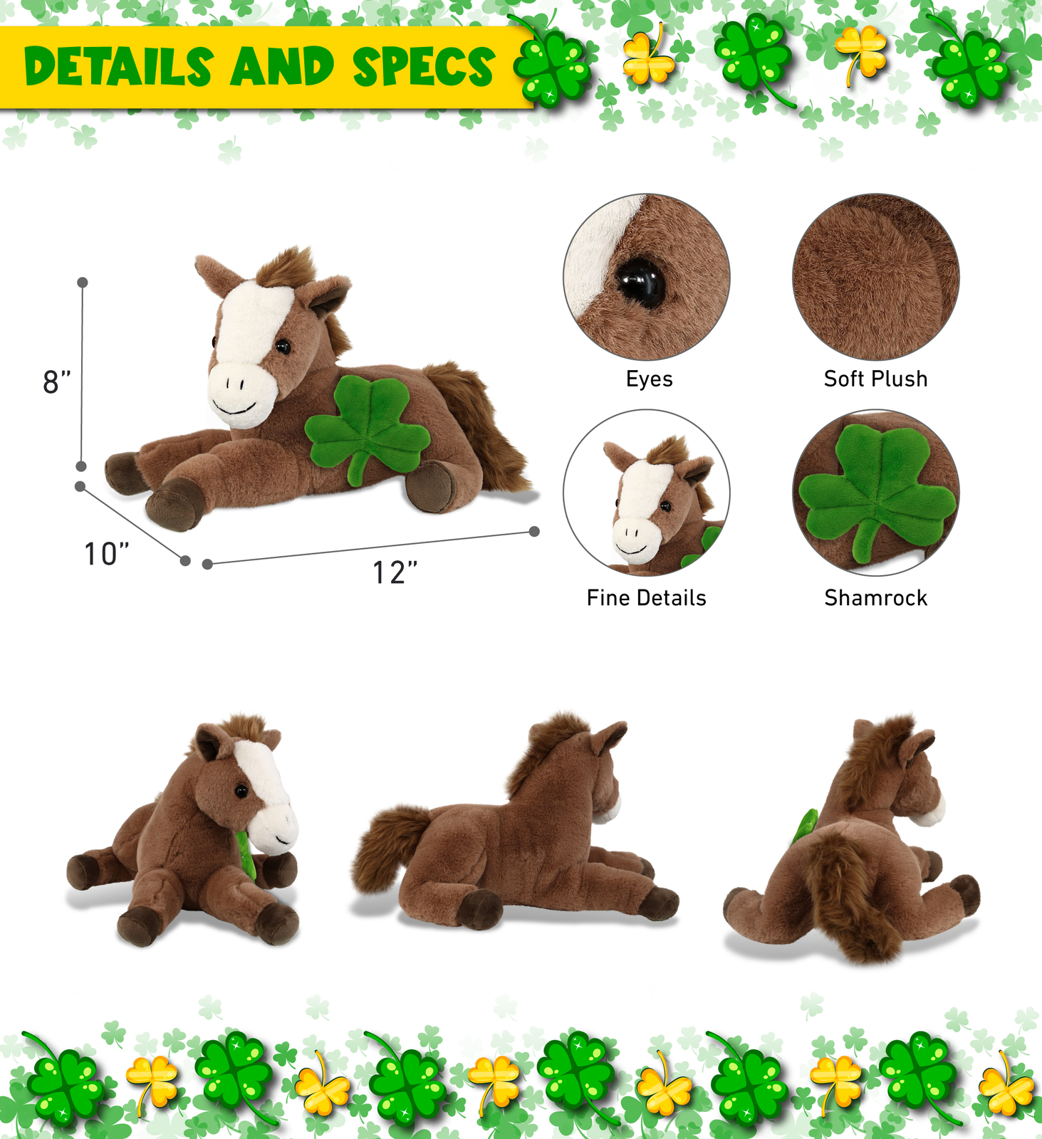 DolliBu Laying Brown Horse Stuffed Animal with Green Plush Shamrock – 12 Inches