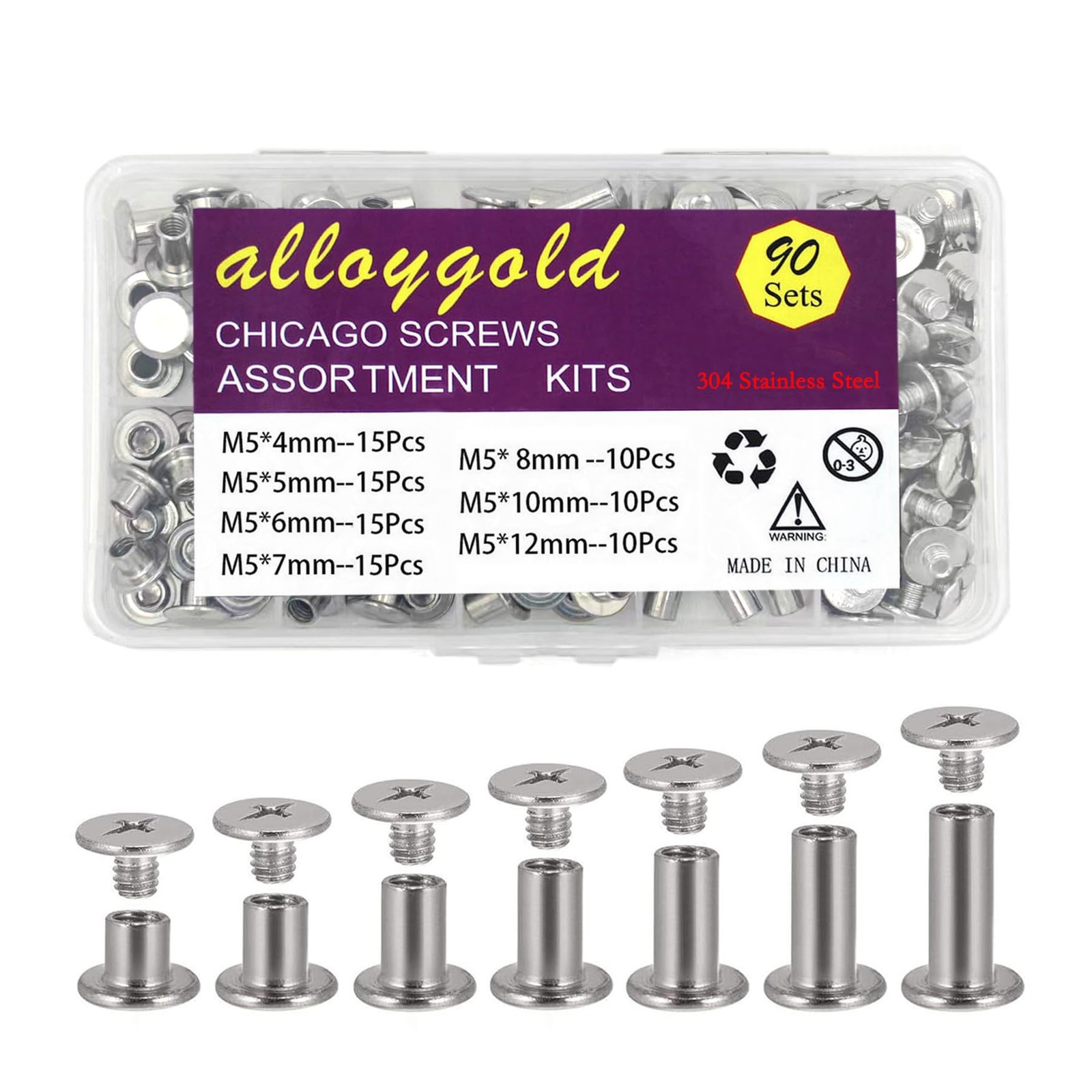 Alloygold 90 Sets 304 Stainless M5*4.5.6.7.8.10.12mm, 304 Steel