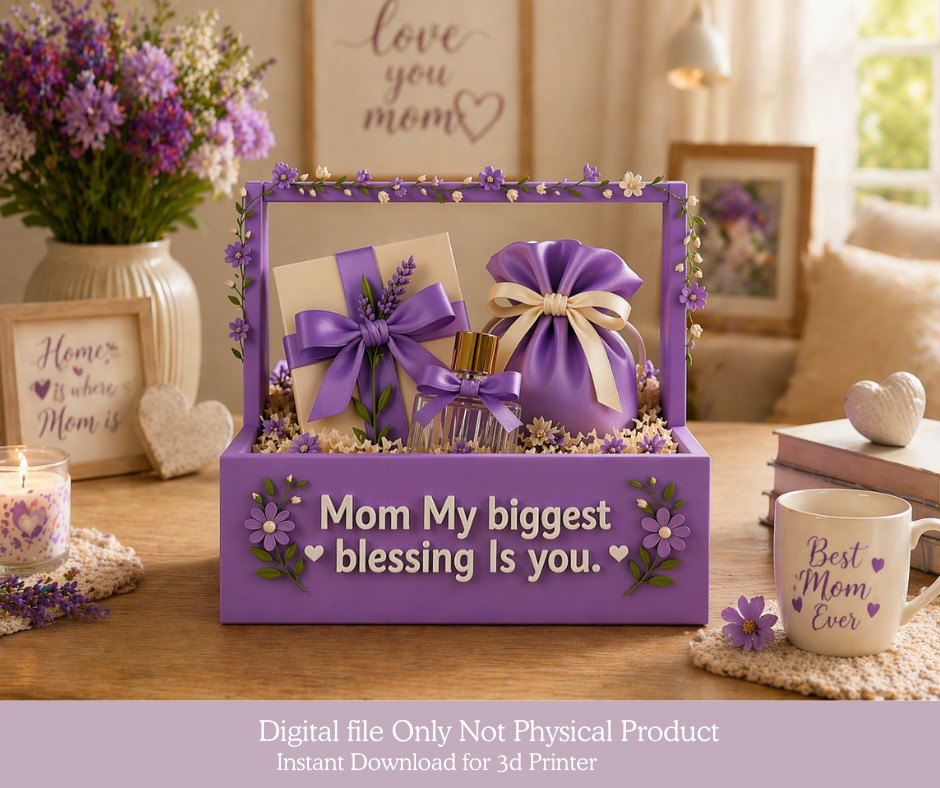 Mother’s Day Gift Box STL File, Mom Gift Basket , Purple Floral 3d printing