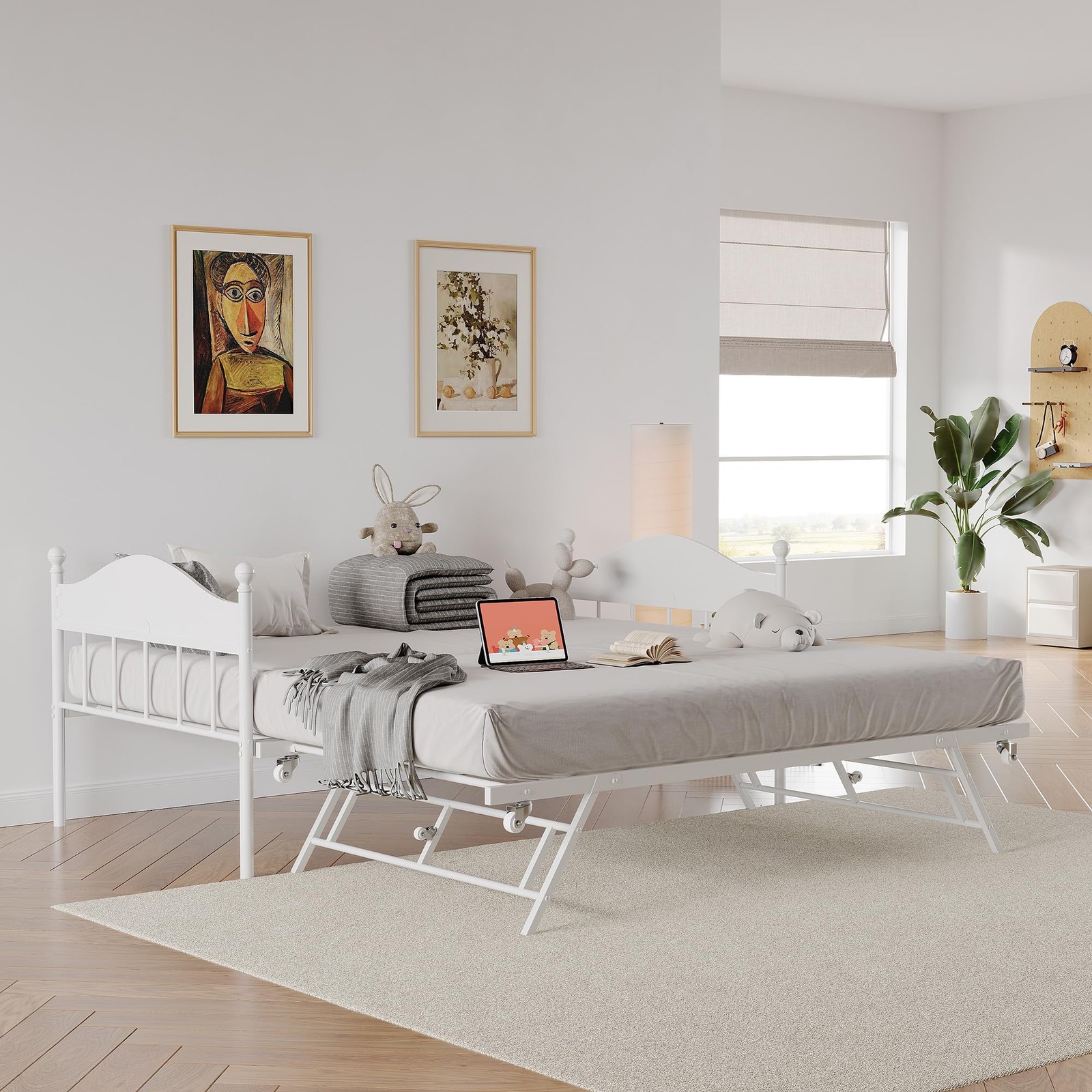 Daybed with Trundle, Metal Twin Size Day Bed Stylish Twin, White 1