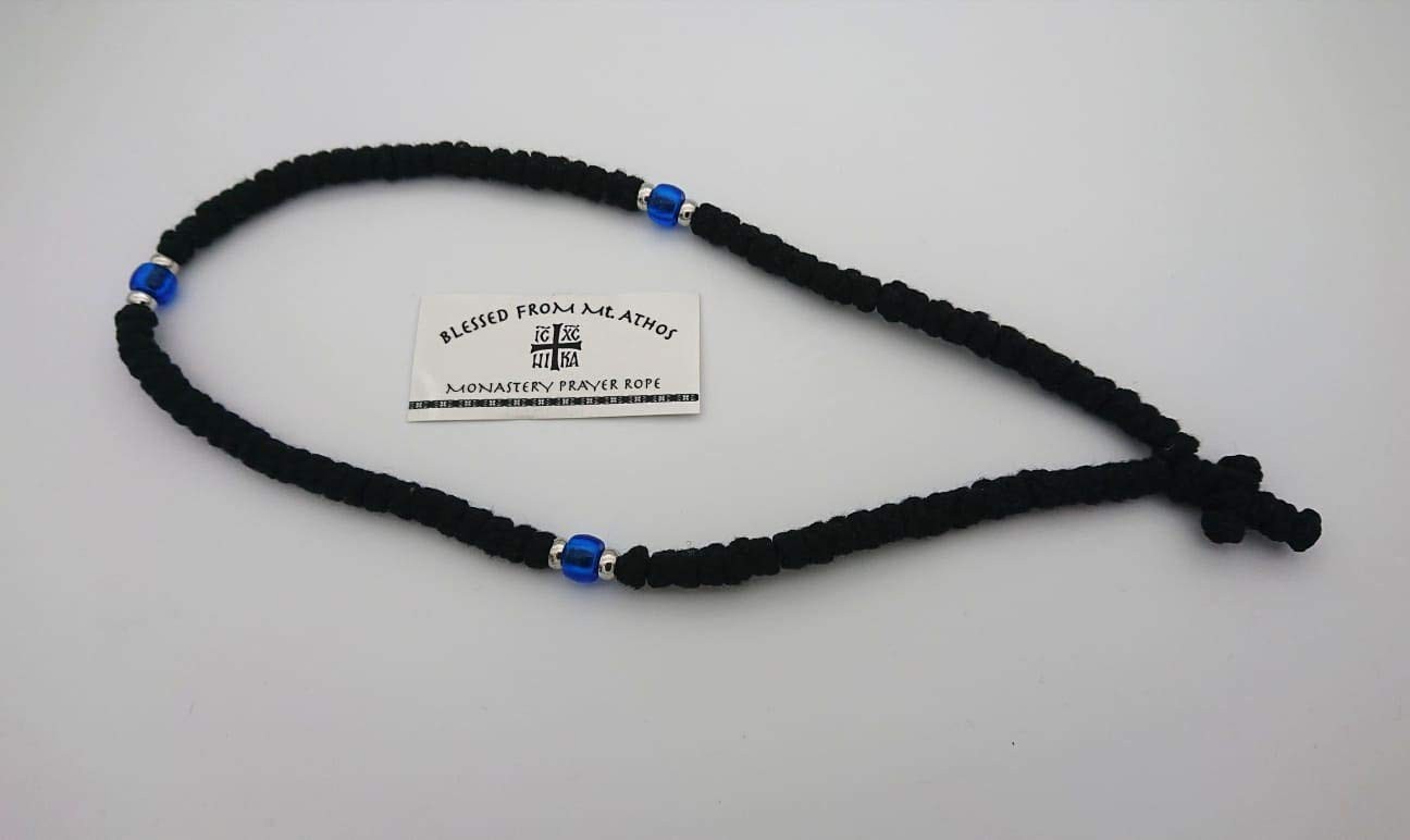 100 Knots Prayer Rope Greek Russian Komboskoini Black with Blue Beads Mt Athos