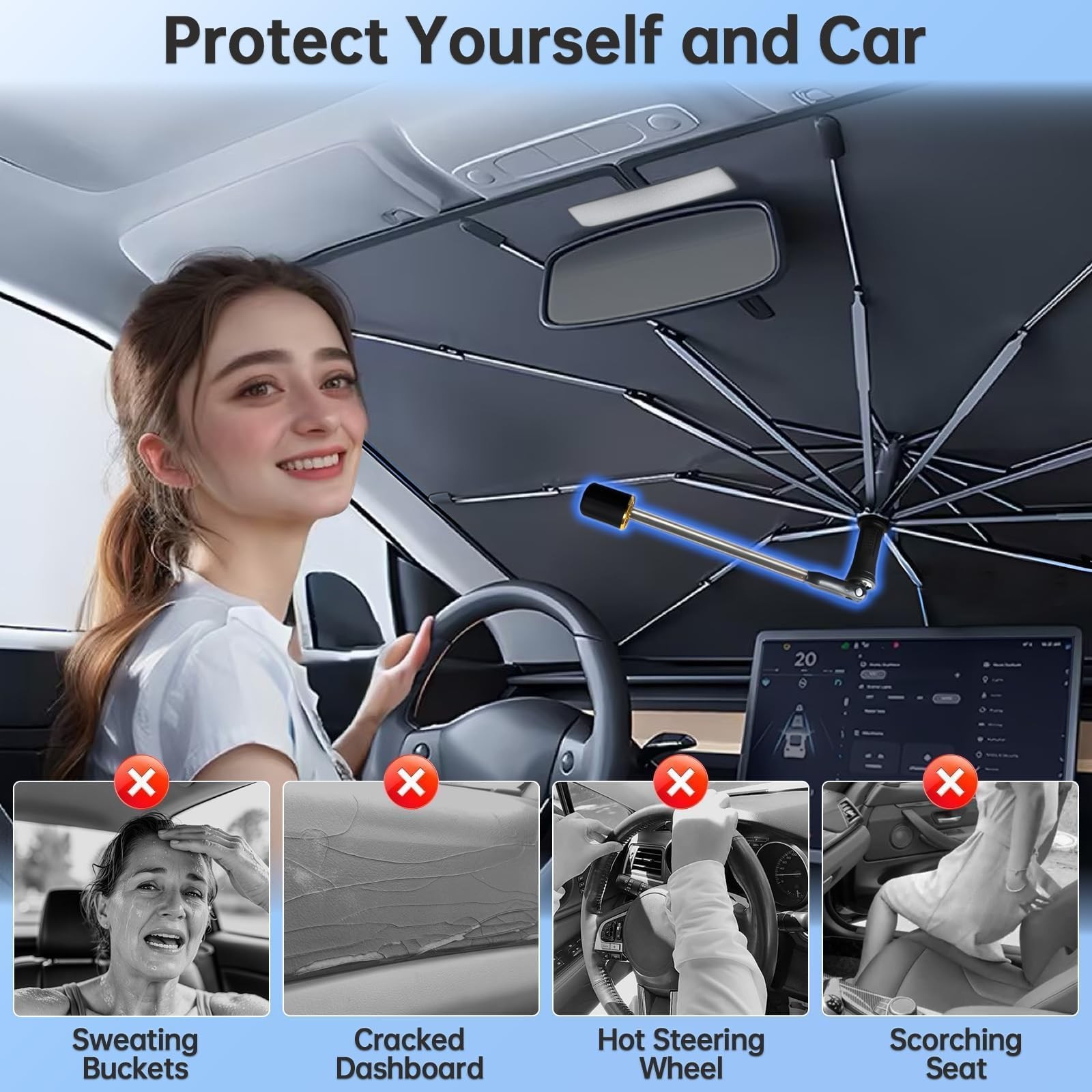 Jeep Grand Cherokee 2014-2021 Windshield Sun Shade Umbrella, 360° Rotation Car