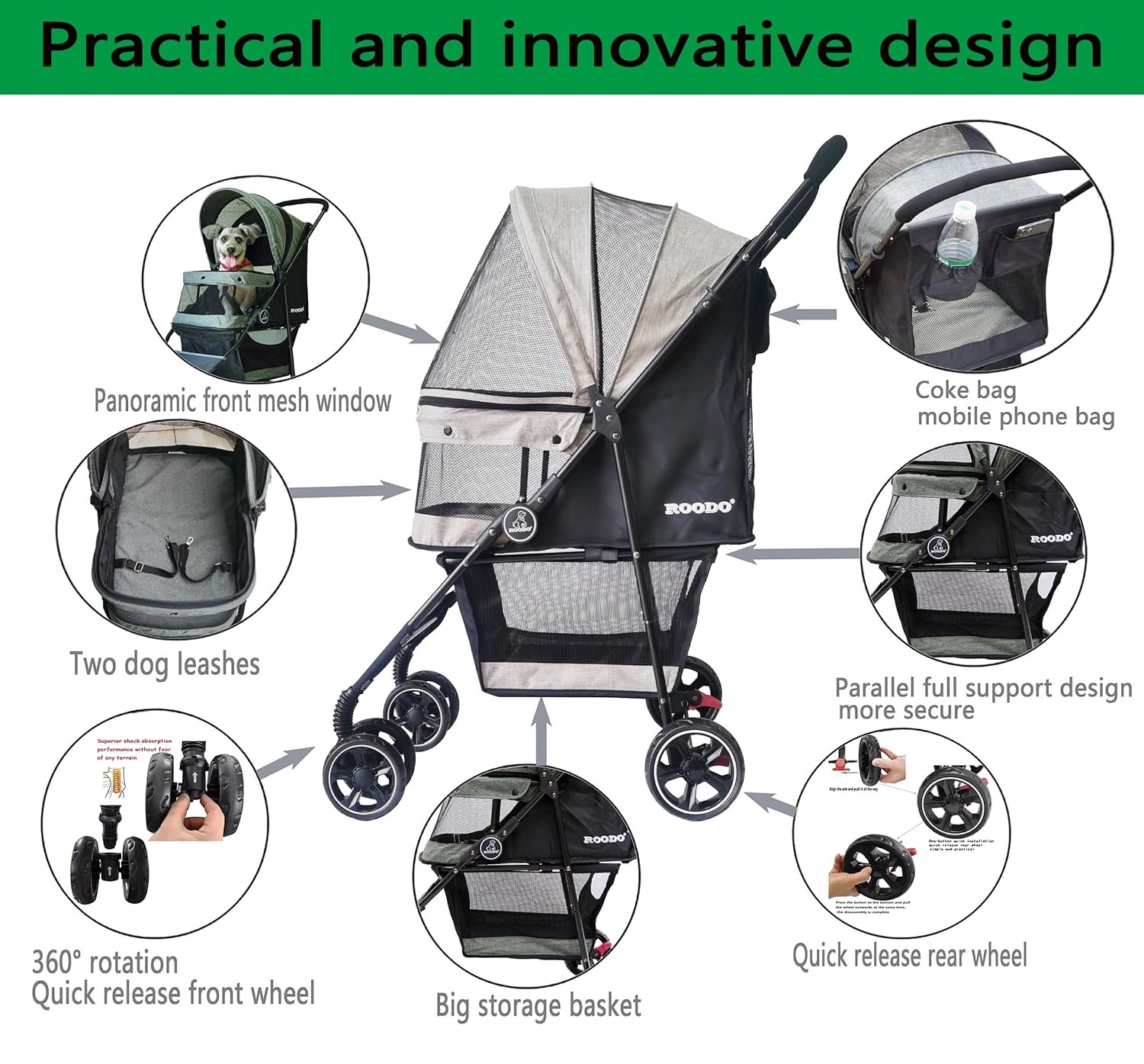 ROODO 4 Wheel Dog Cat Pet Stroller Best Lightweight Foldable Compact…