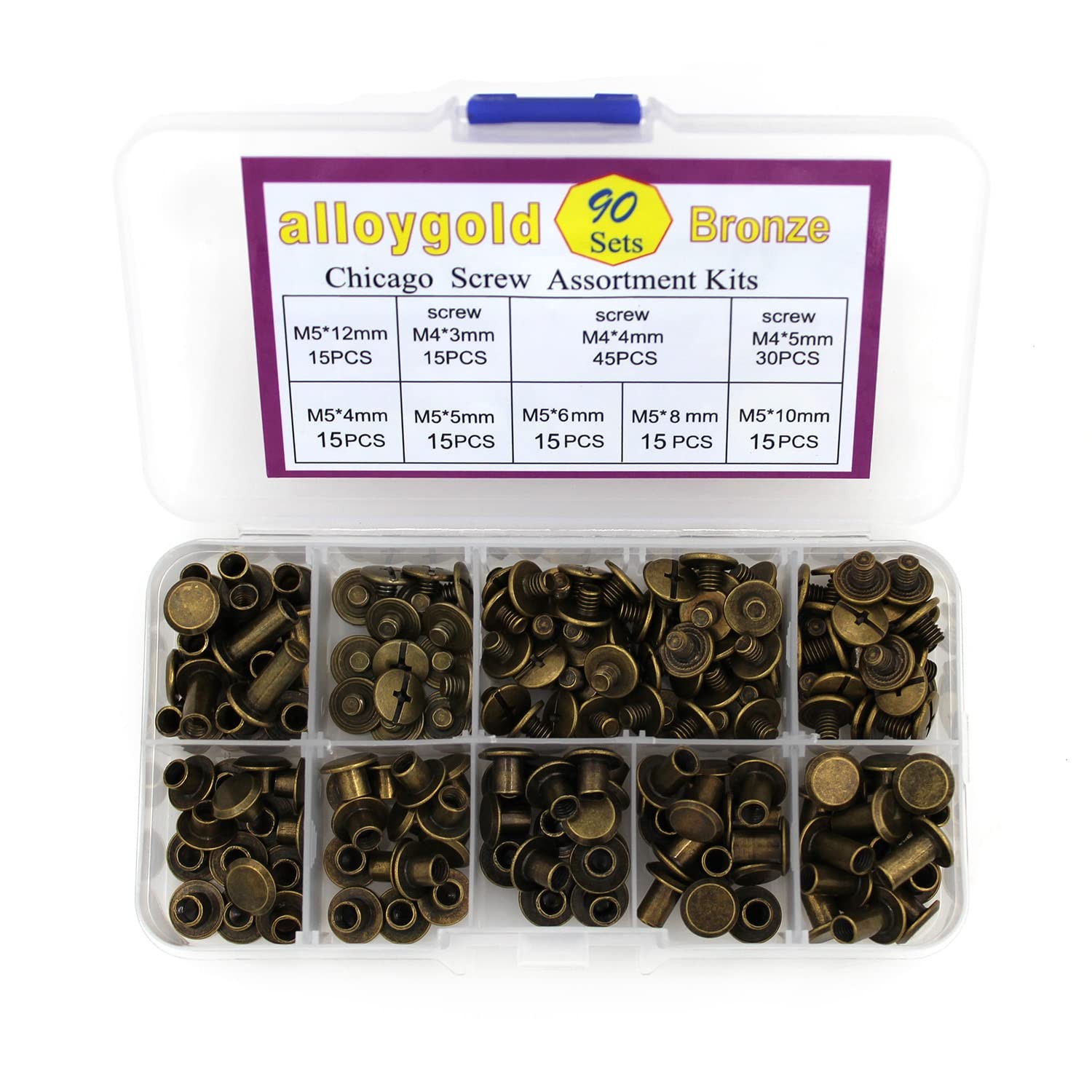 90 Sets Bronze Chicago Screws Leather Assorted Kit M5*4.5.6.8.10.12mm,