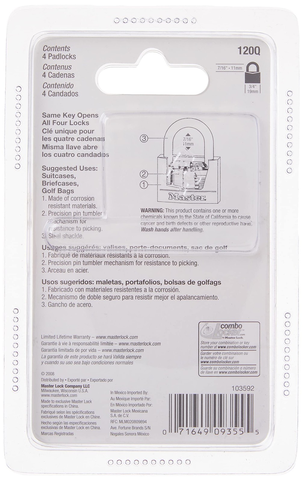 Master Lock Padlock, Solid Brass Lock, 3/4 in. Wide, 120Q 4 Pack, 3/4″ 4-Pack
