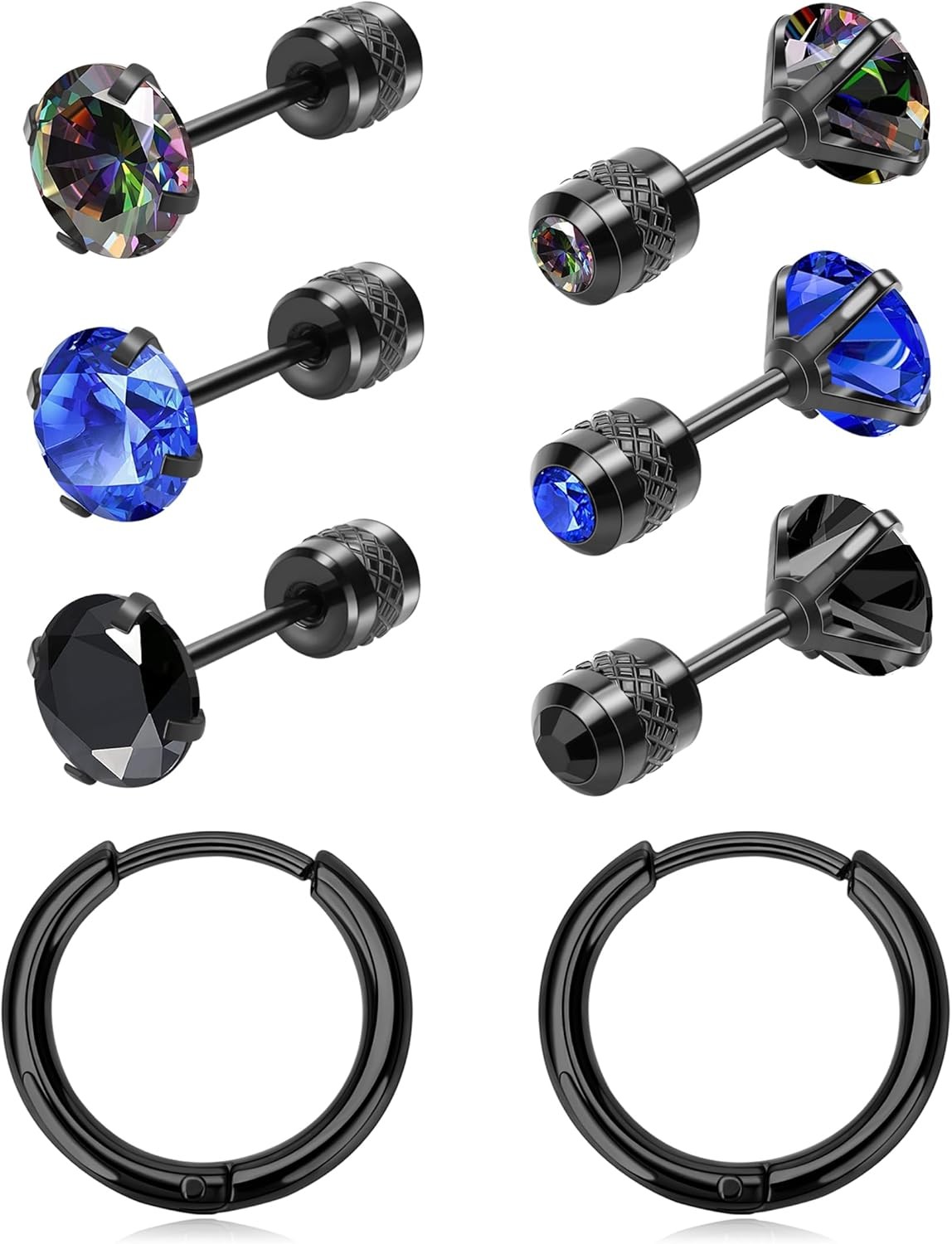 MJust 6 Pairs G23 Titanium Earrings for Women & Men, Black-round