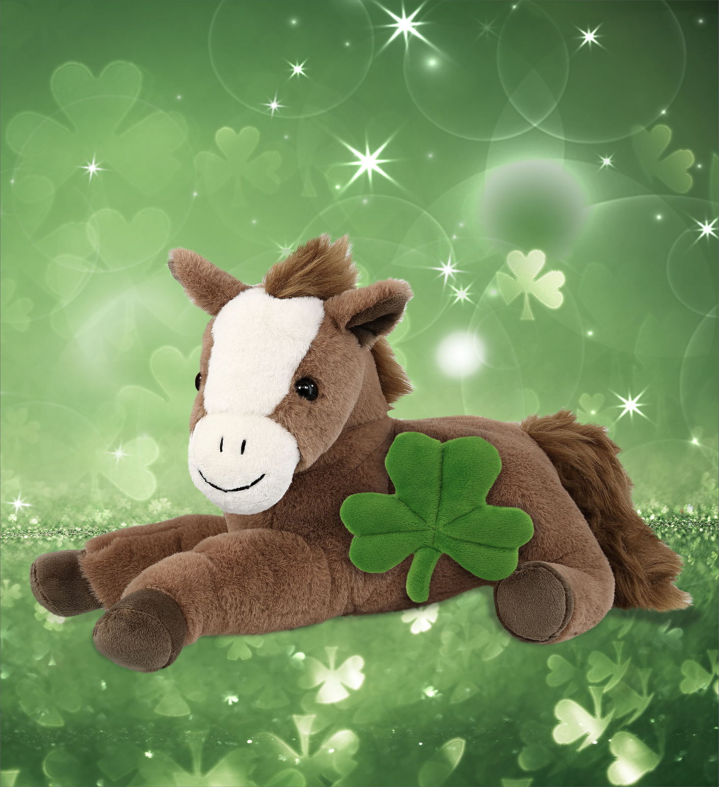 DolliBu Laying Brown Horse Stuffed Animal with Green Plush Shamrock – 12 Inches