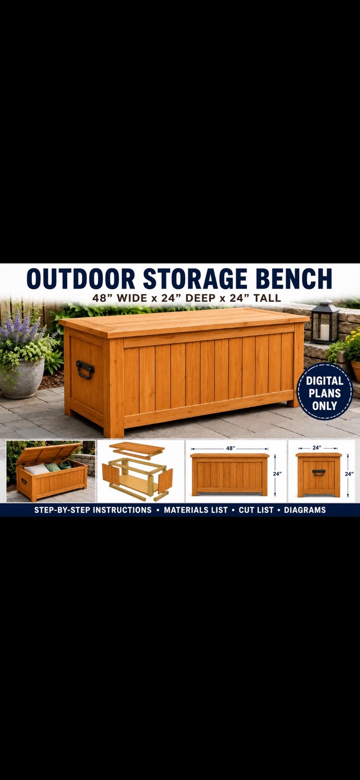 Outdoor Storage Bench , Rectangle 48 in L x 24 in W x 24 in H. DIGITAL PLANS
