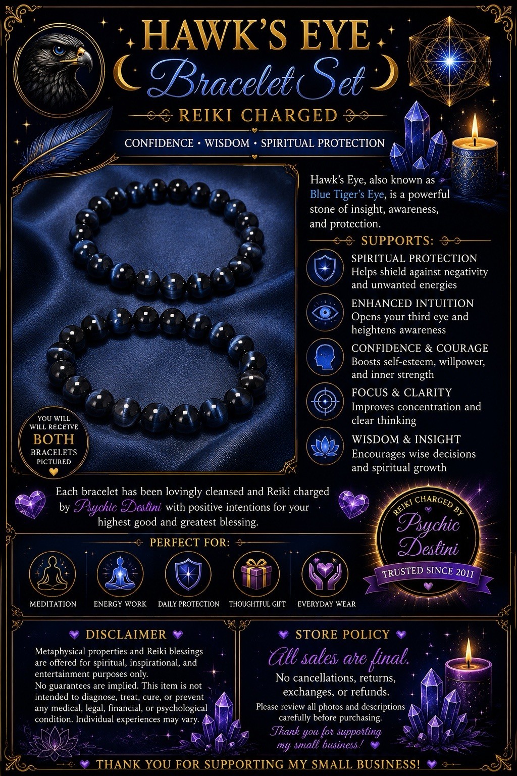REIKI CHARGED HAWK’S EYE BLUE TIGER’S EYE BRACELET PAIR Spiritual Protection 💙