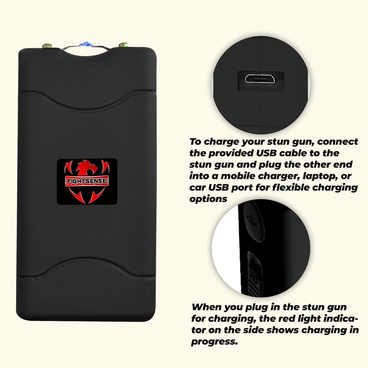 FIGHTSENSE Mini Stun Gun 10 Mil Volts With Led Light Extremely Powerful Black