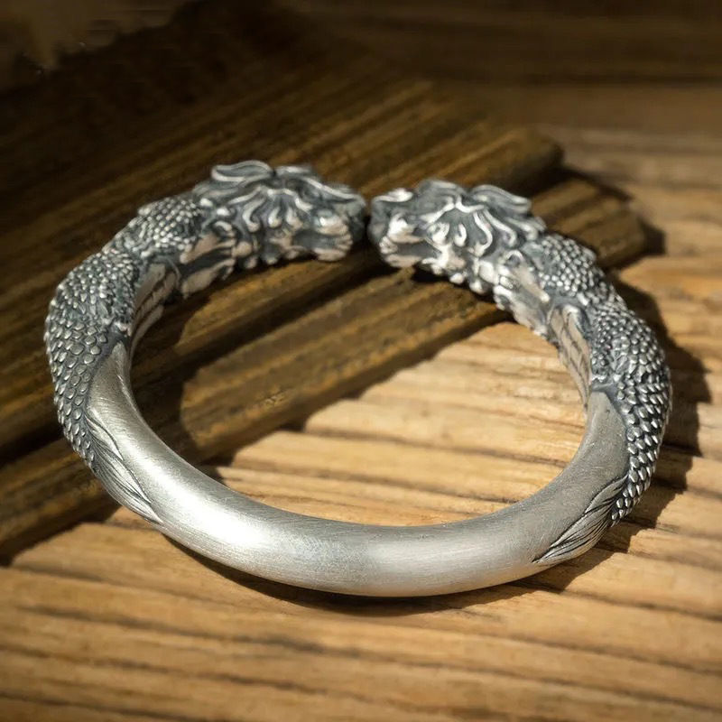 Tibetan Style Pixiu Cuff Bracelet for Men Open Heavyweight Vintage Wealth Bangle